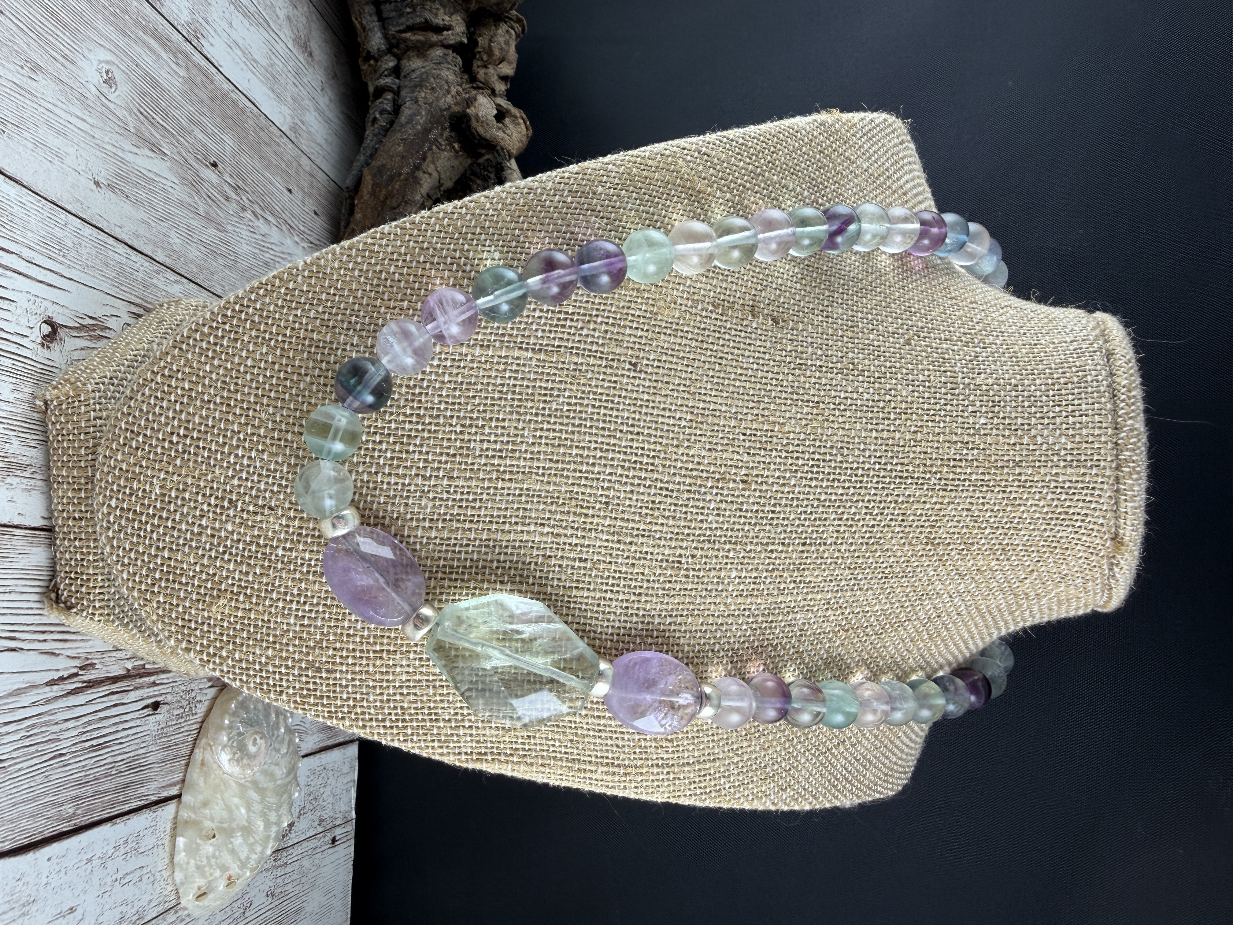 Rainbow Fluorite Beaded Necklace, Sterling Silver, Multi-Color Pastel image 2