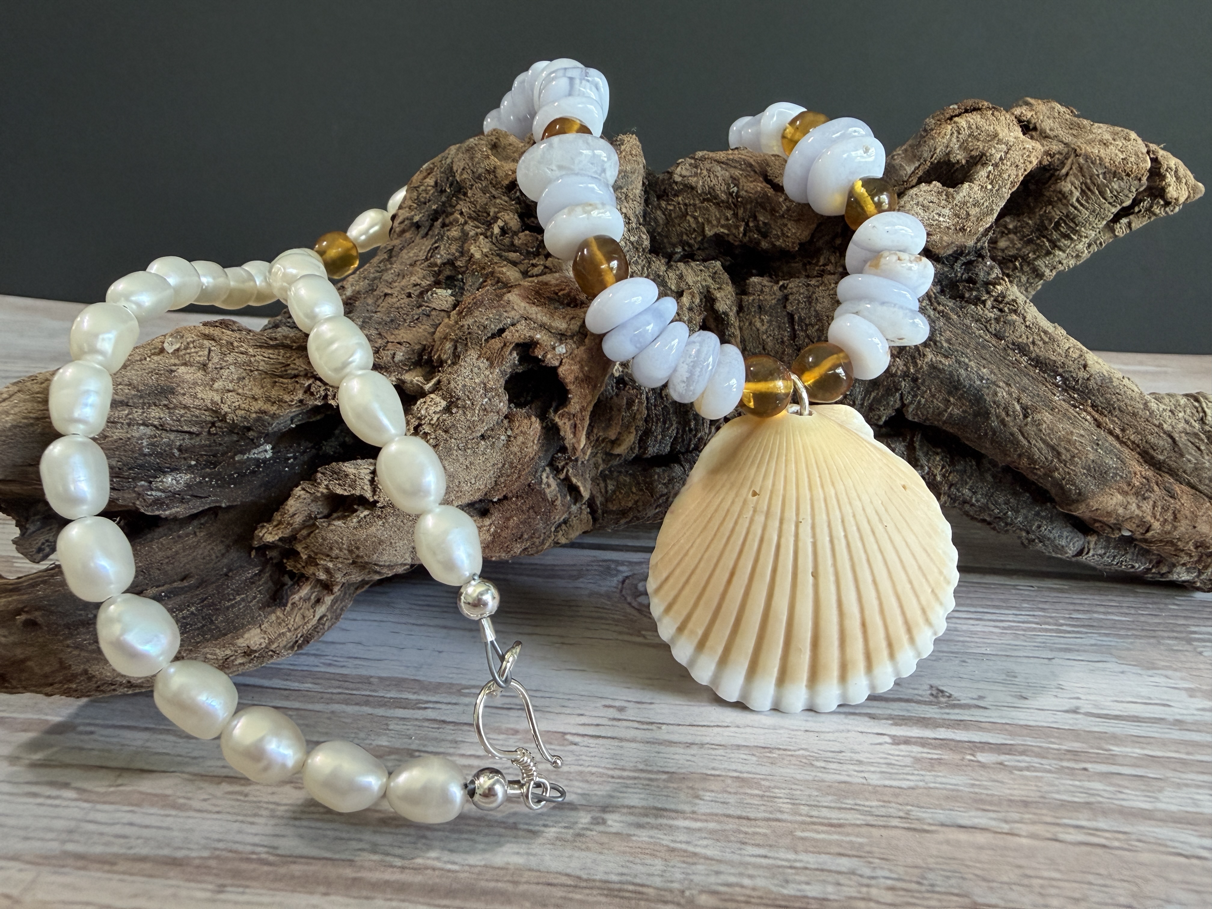 Blue Lace Agate, Amber and Pearl Necklace