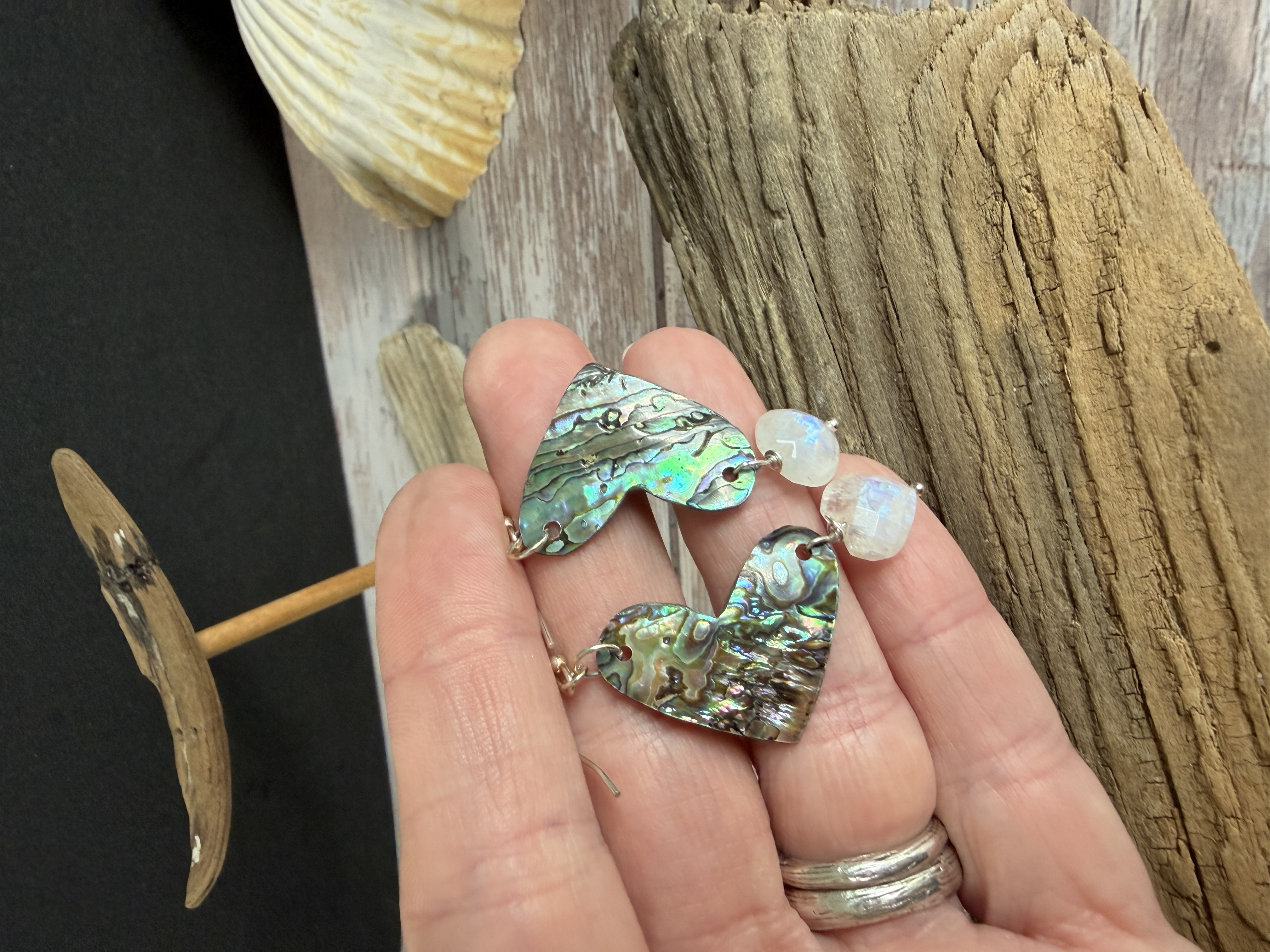 Abalone Heart Earrings with Moonstone image 4