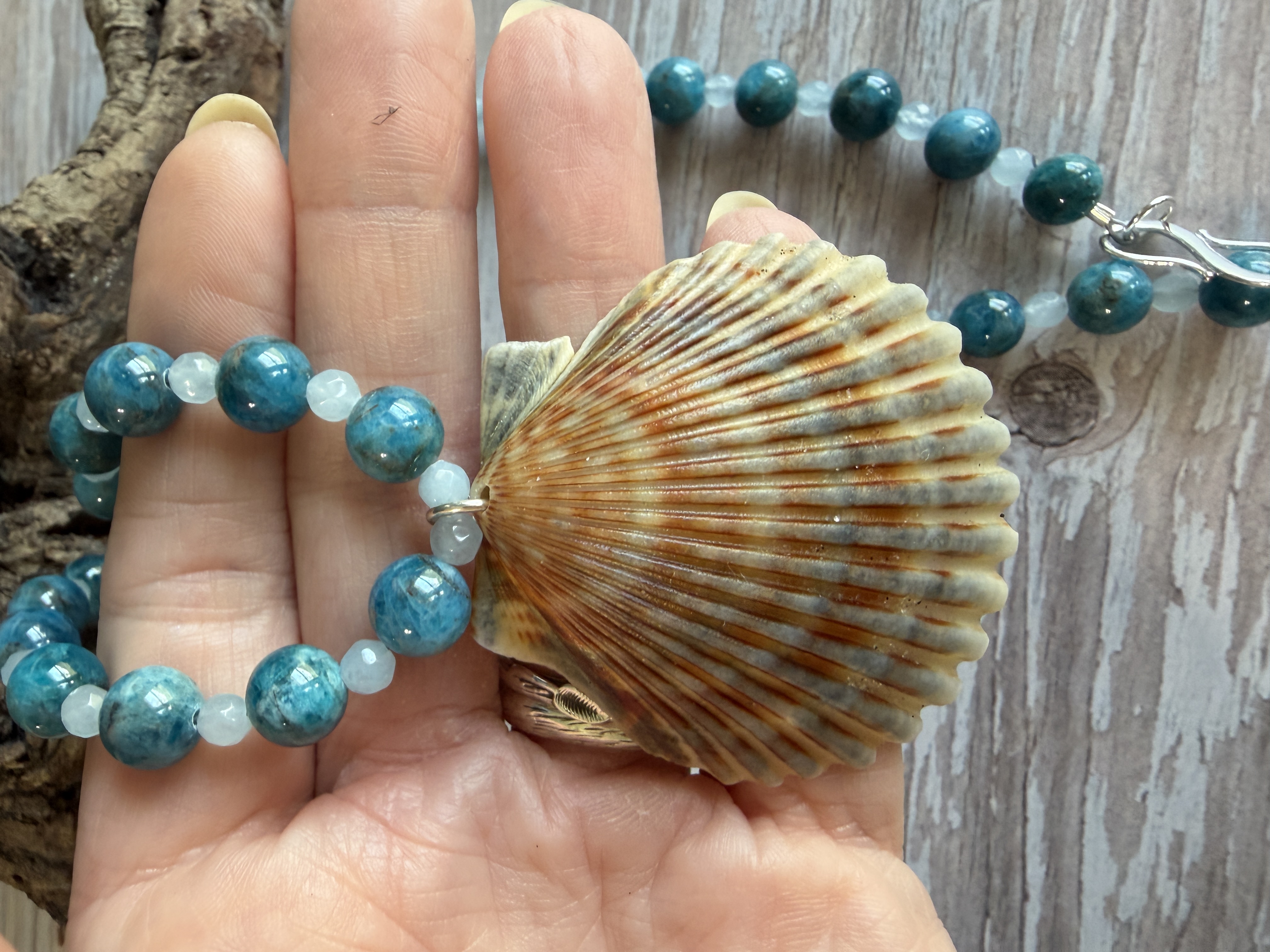 Apatite and Agate Necklace with Shell Pendant image 4