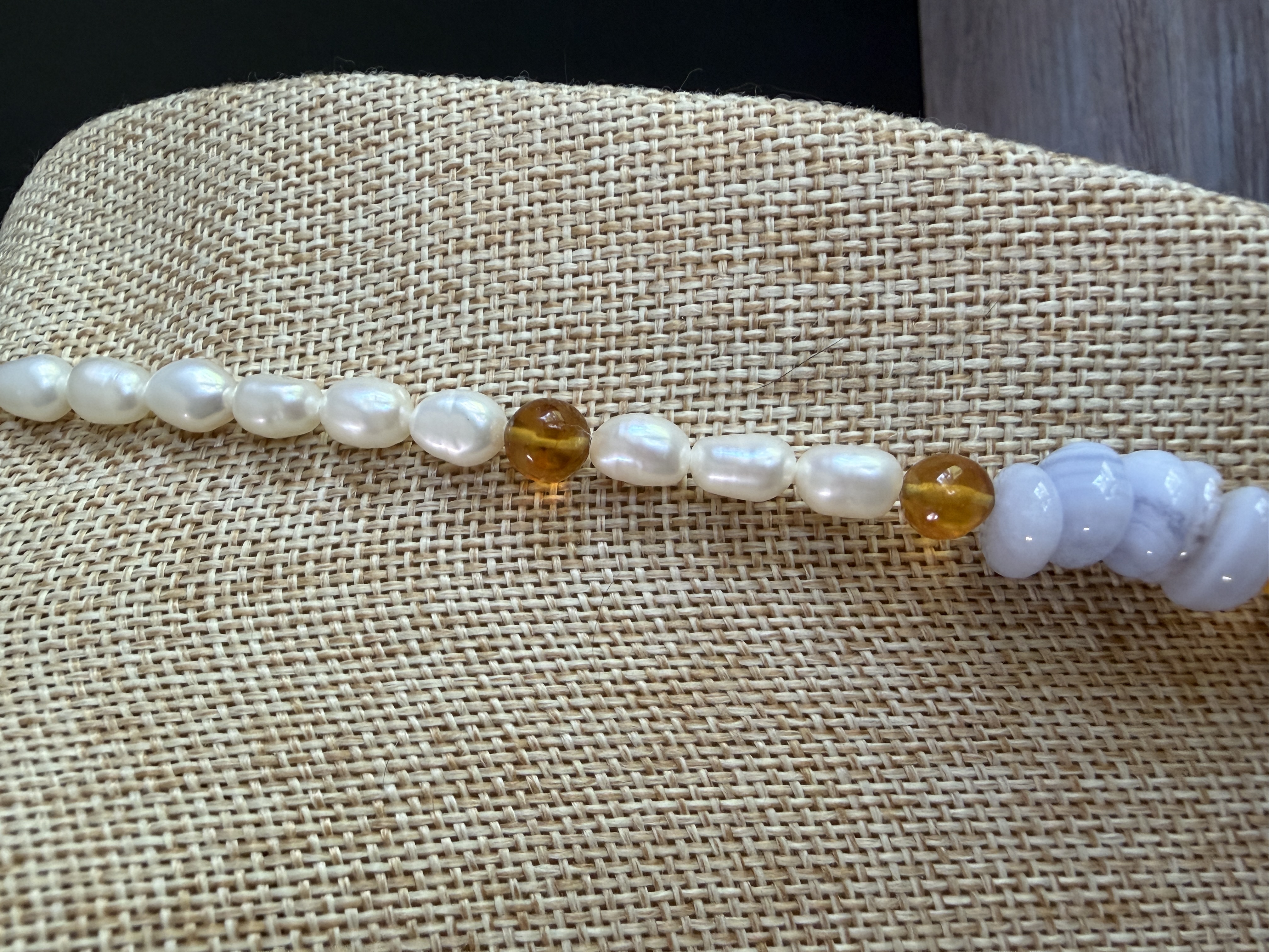 Blue Lace Agate, Amber and Pearl Necklace image 6