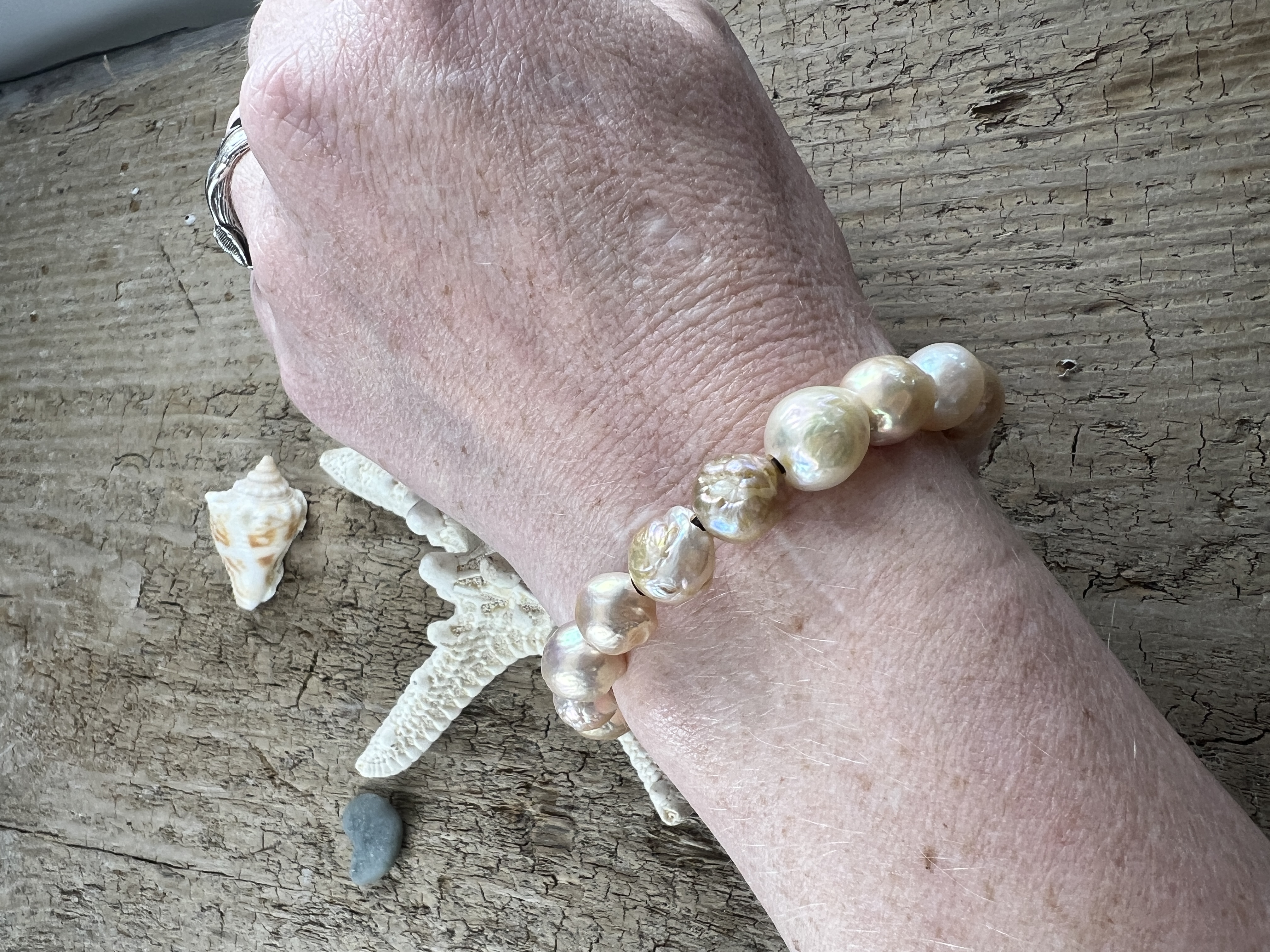 Handcrafted Baroque Pearl and Leather Bracelet, Blush Pink image 4