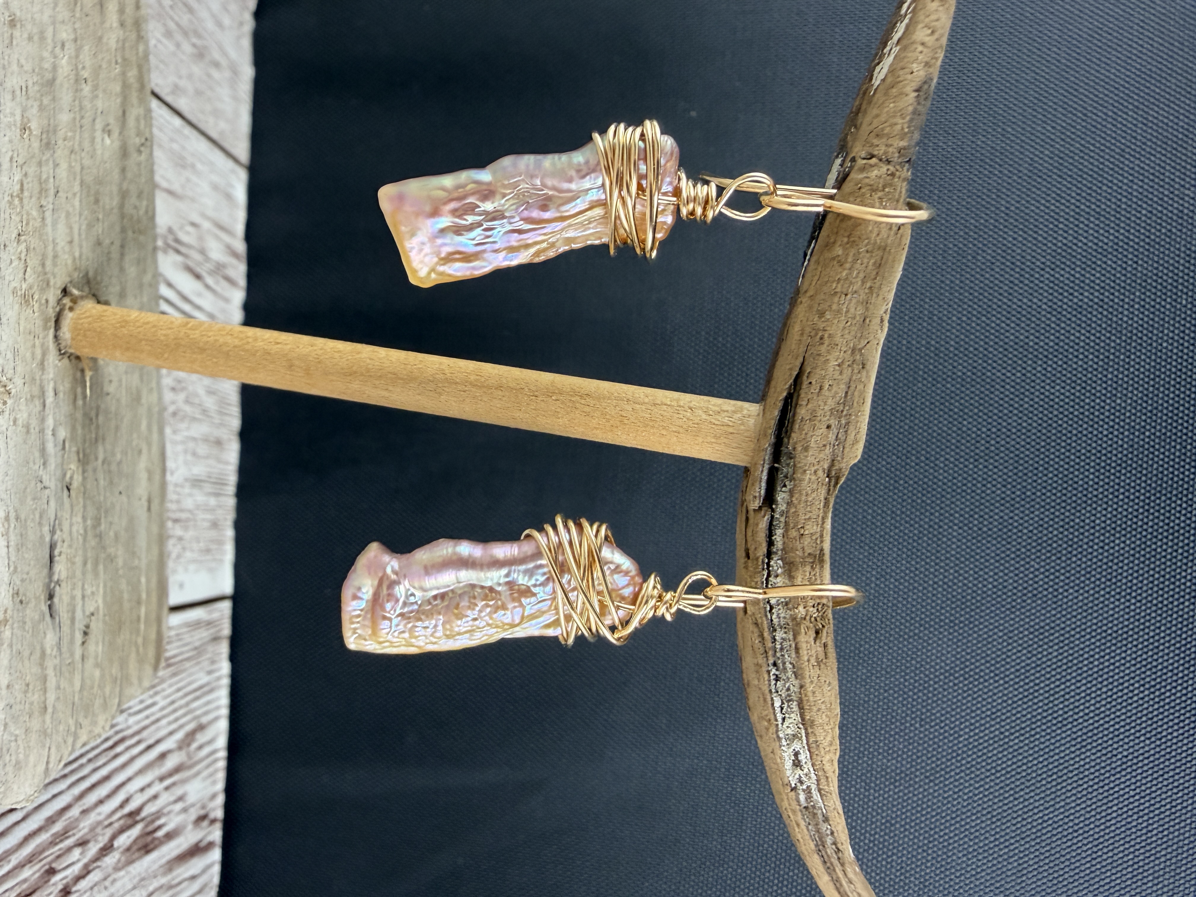 Gold Wire Wrapped Pink Baroque Pearl Earrings image 3