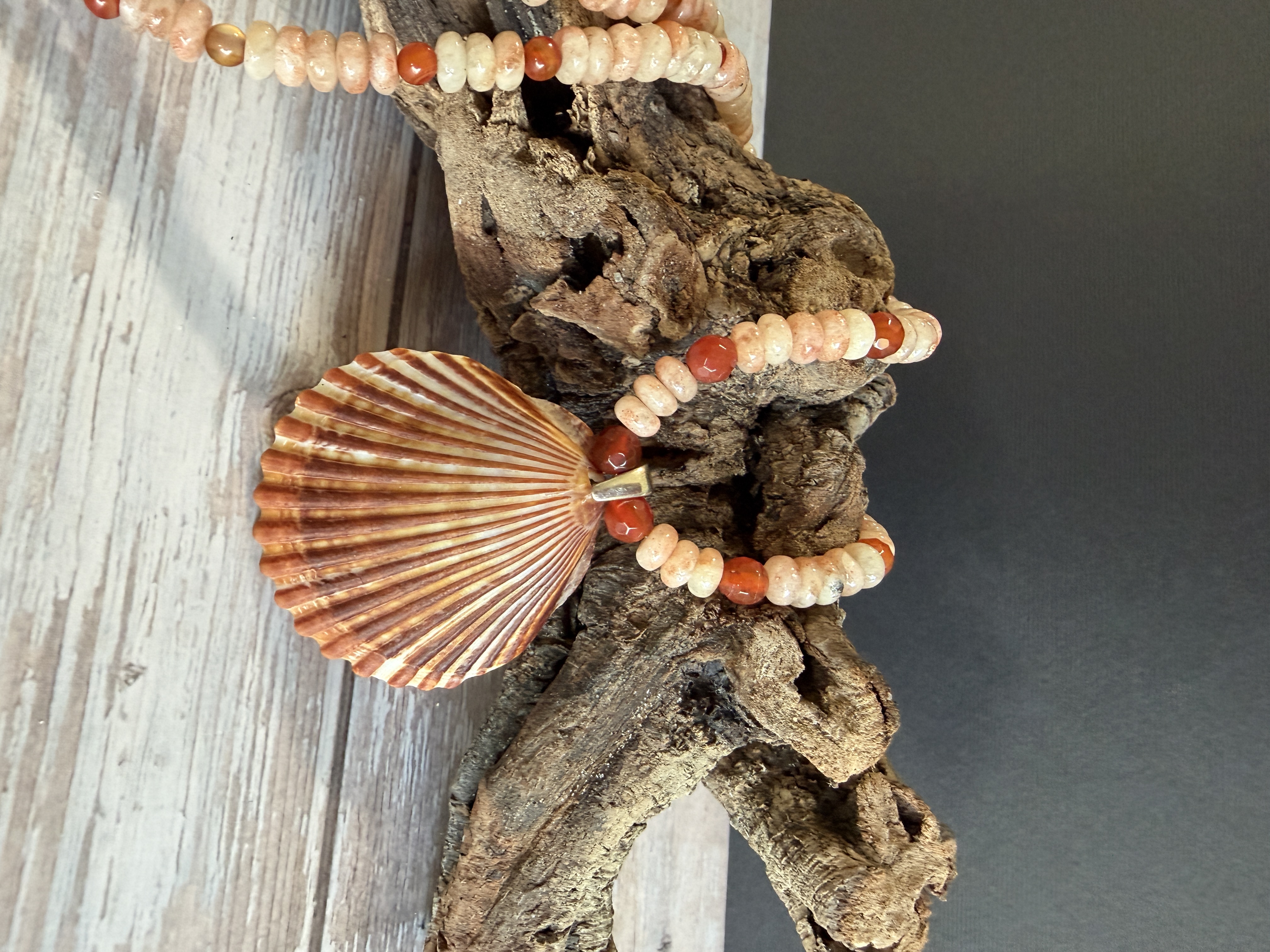 Sunstone and Carnelian Necklace with Shell Pendant