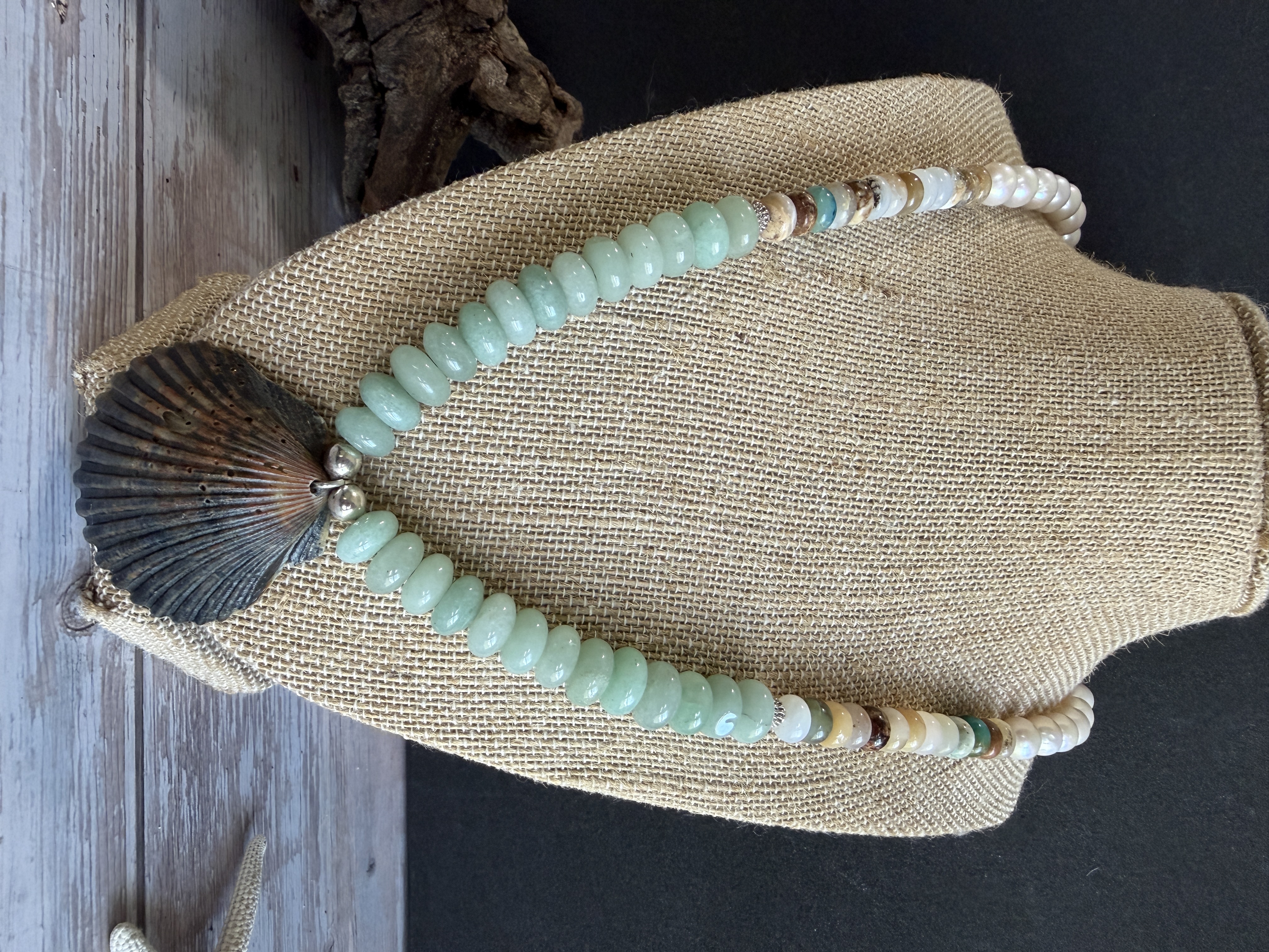 Aventurine, Opal and Pearl Necklace with Shell Pendant image 3