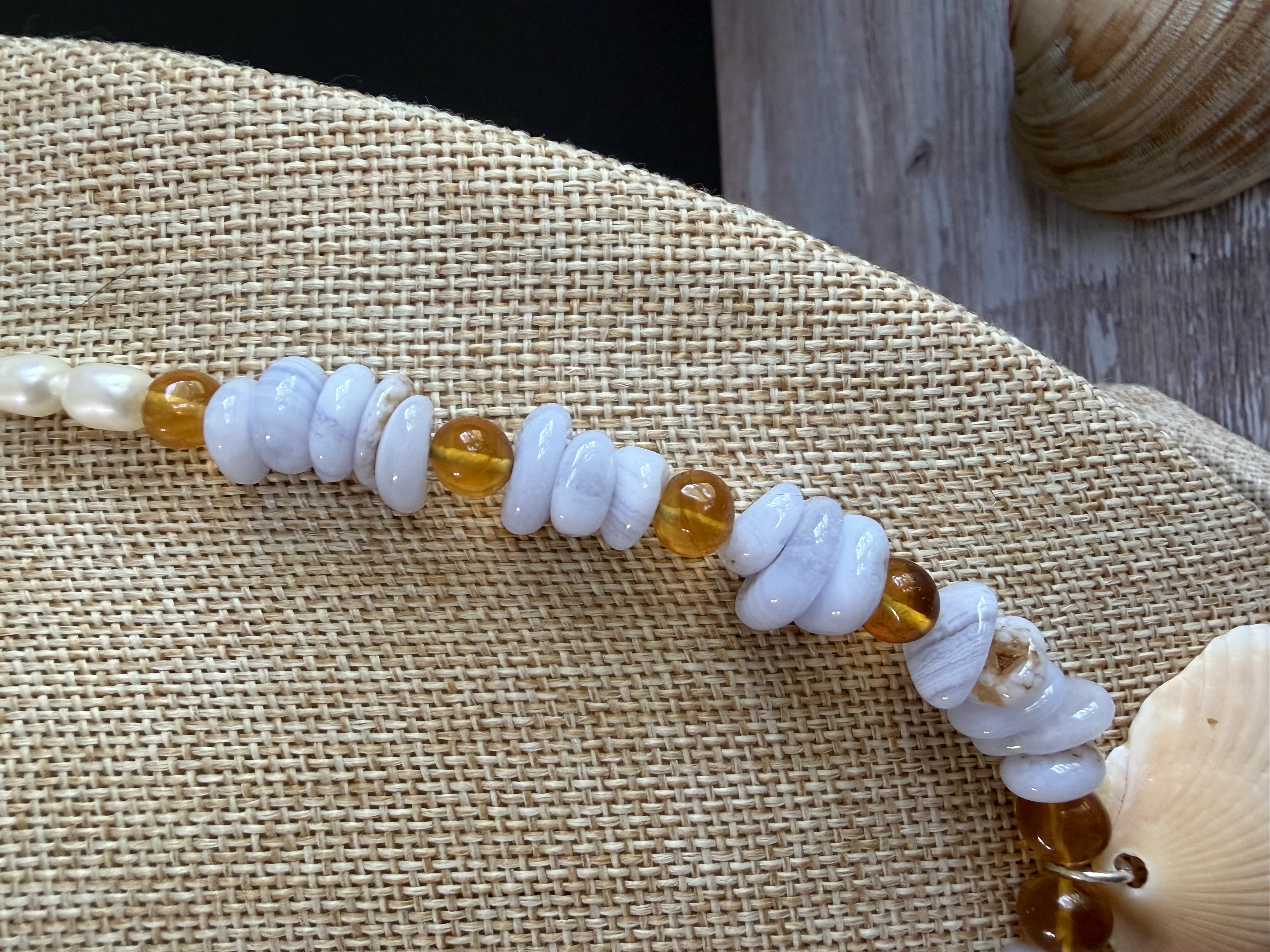Blue Lace Agate, Amber and Pearl Necklace image 5