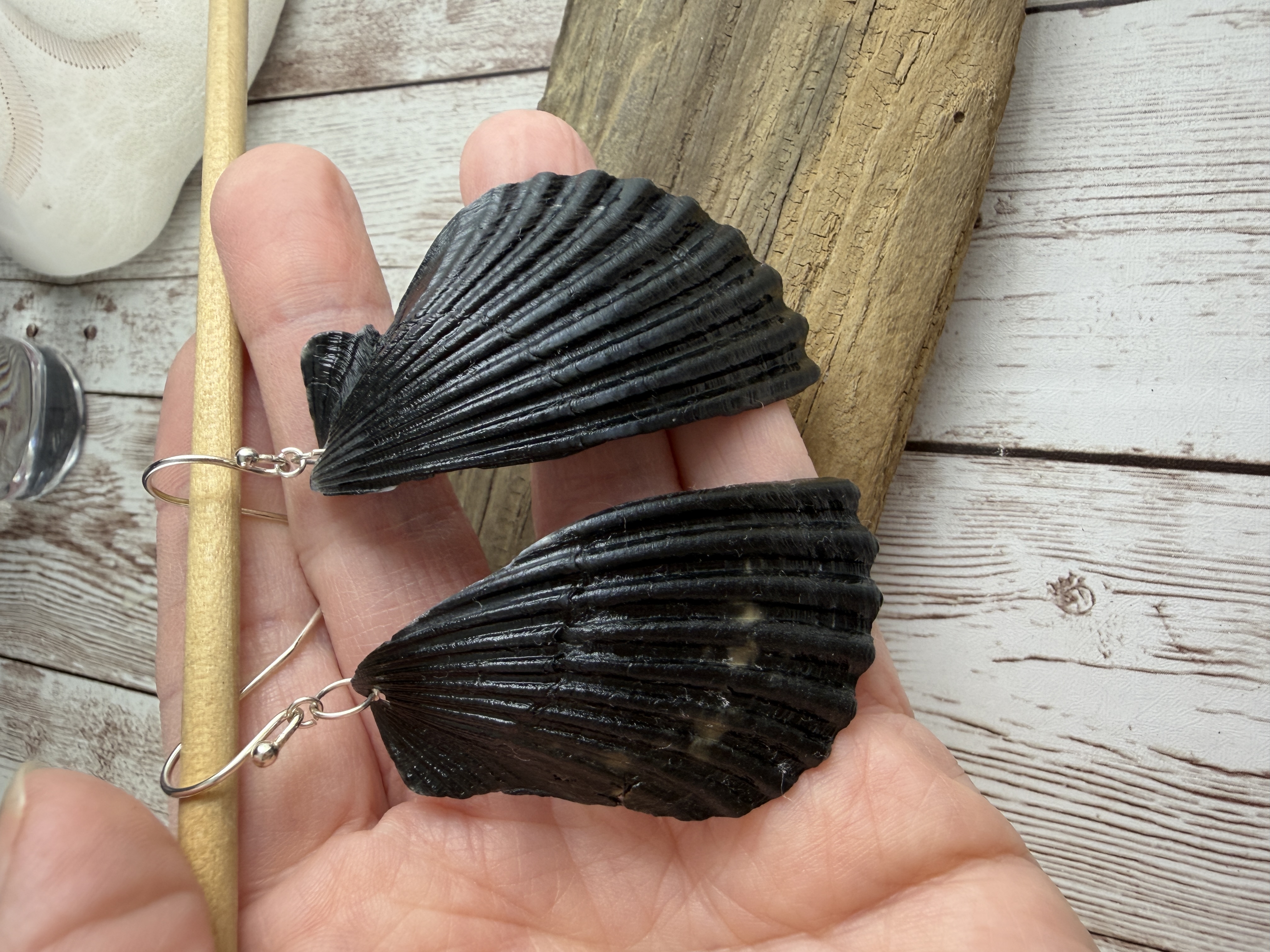 Dark Half Shell Dangle Earrings, Sterling Silver Hooks image 3