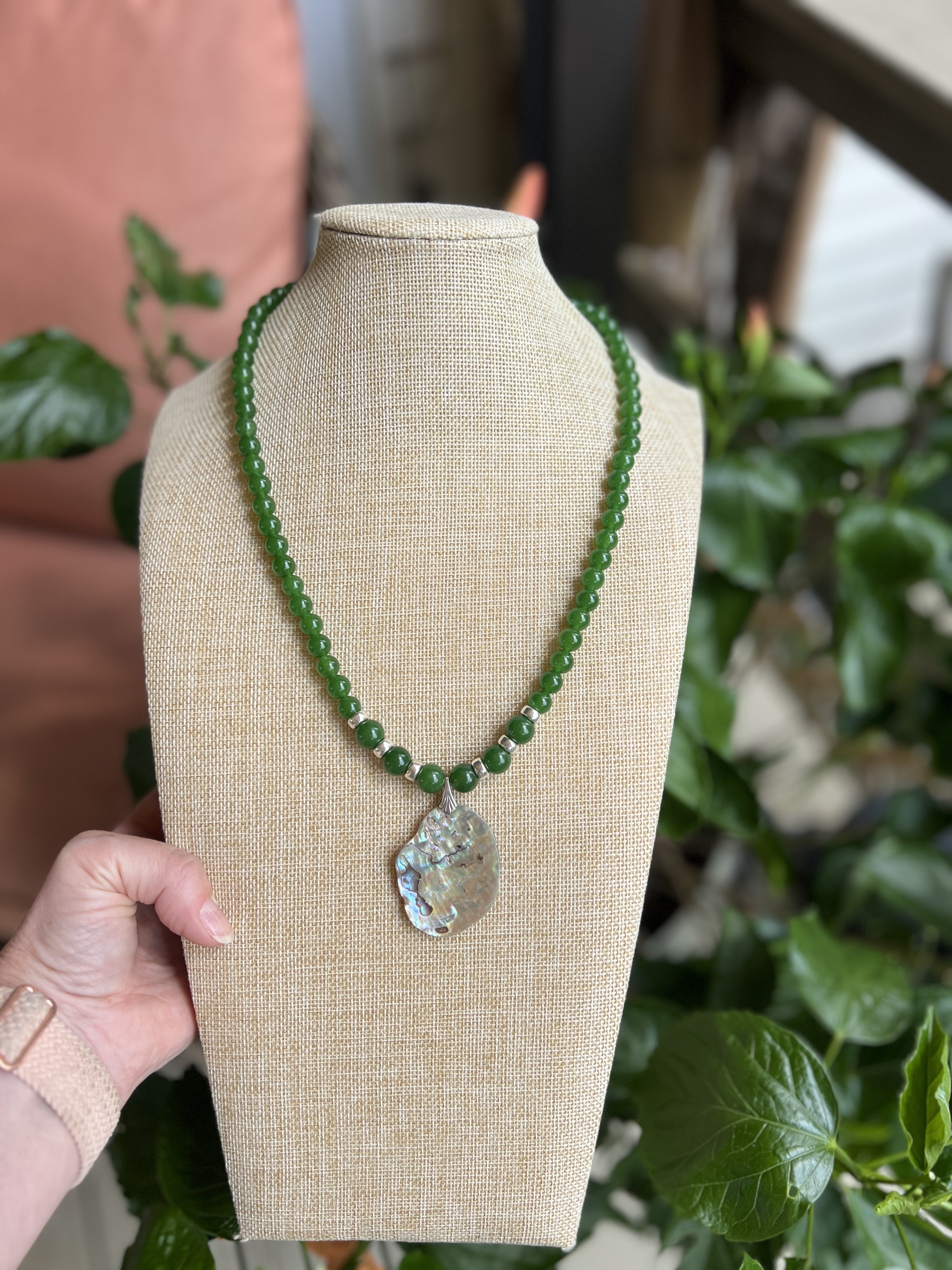 Green Jade Necklace with Abalone Pendant image 4