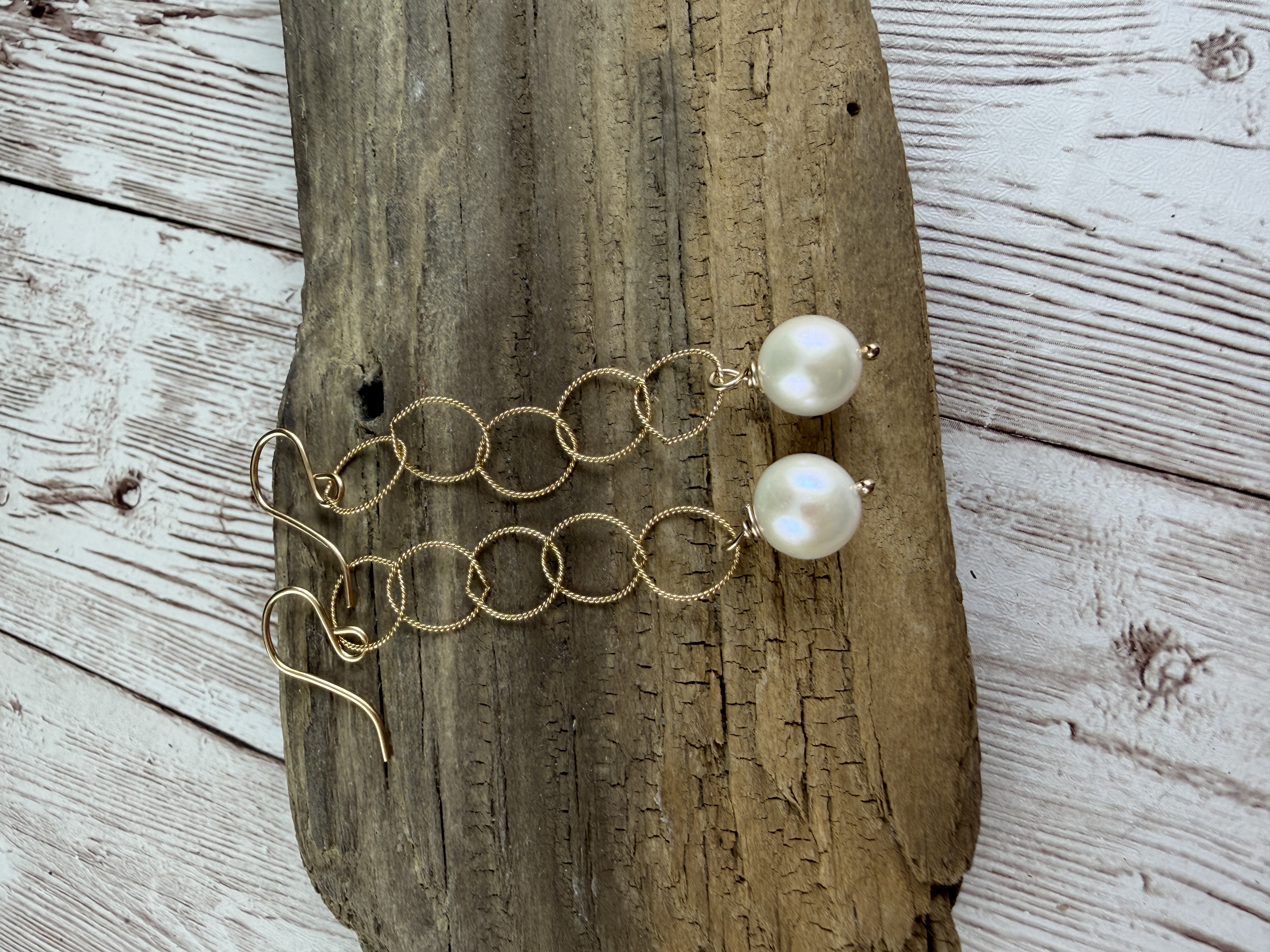 White Pearl Gold Filled Dangle Earrings image 3