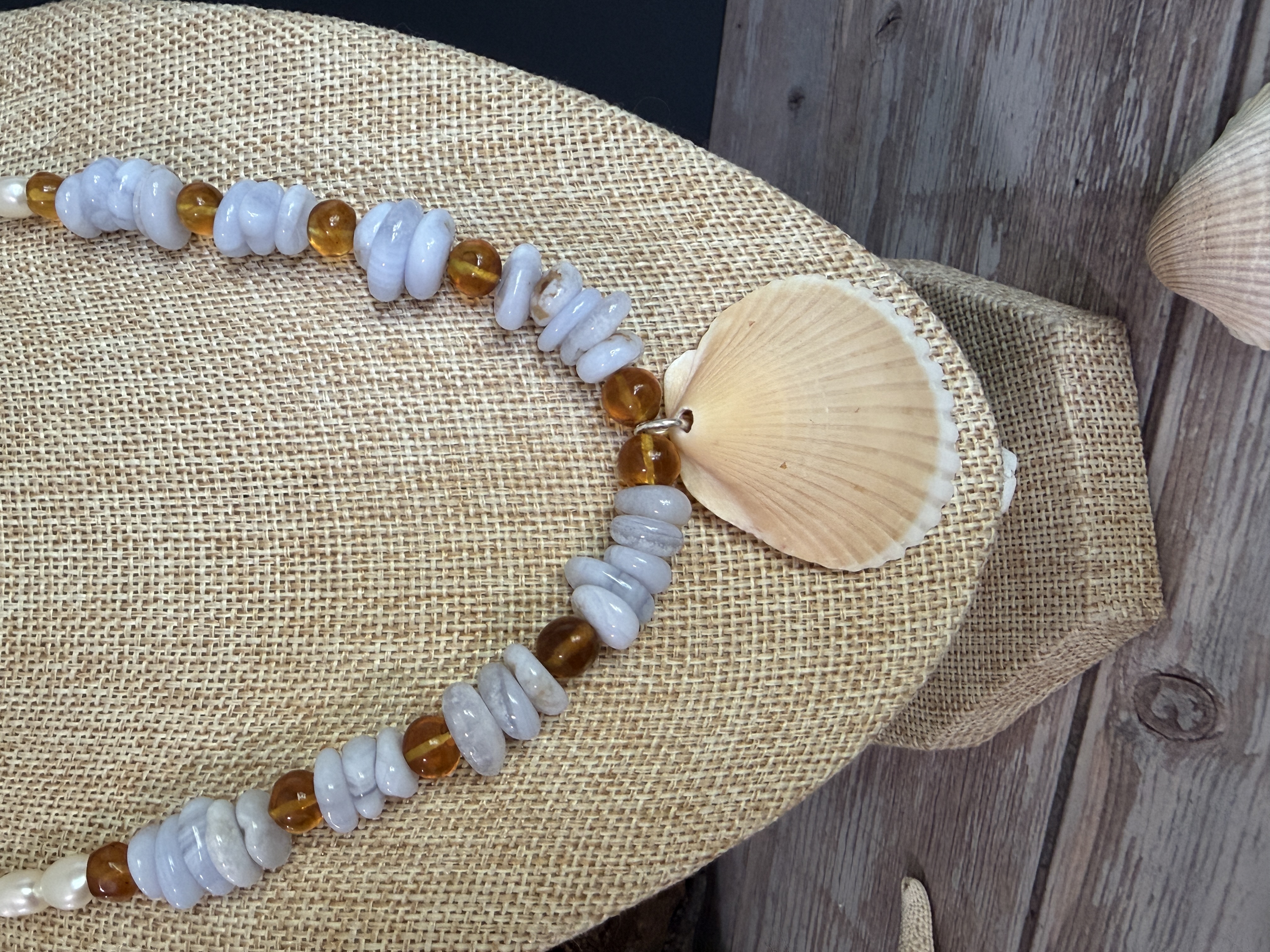 Blue Lace Agate, Amber and Pearl Necklace image 3