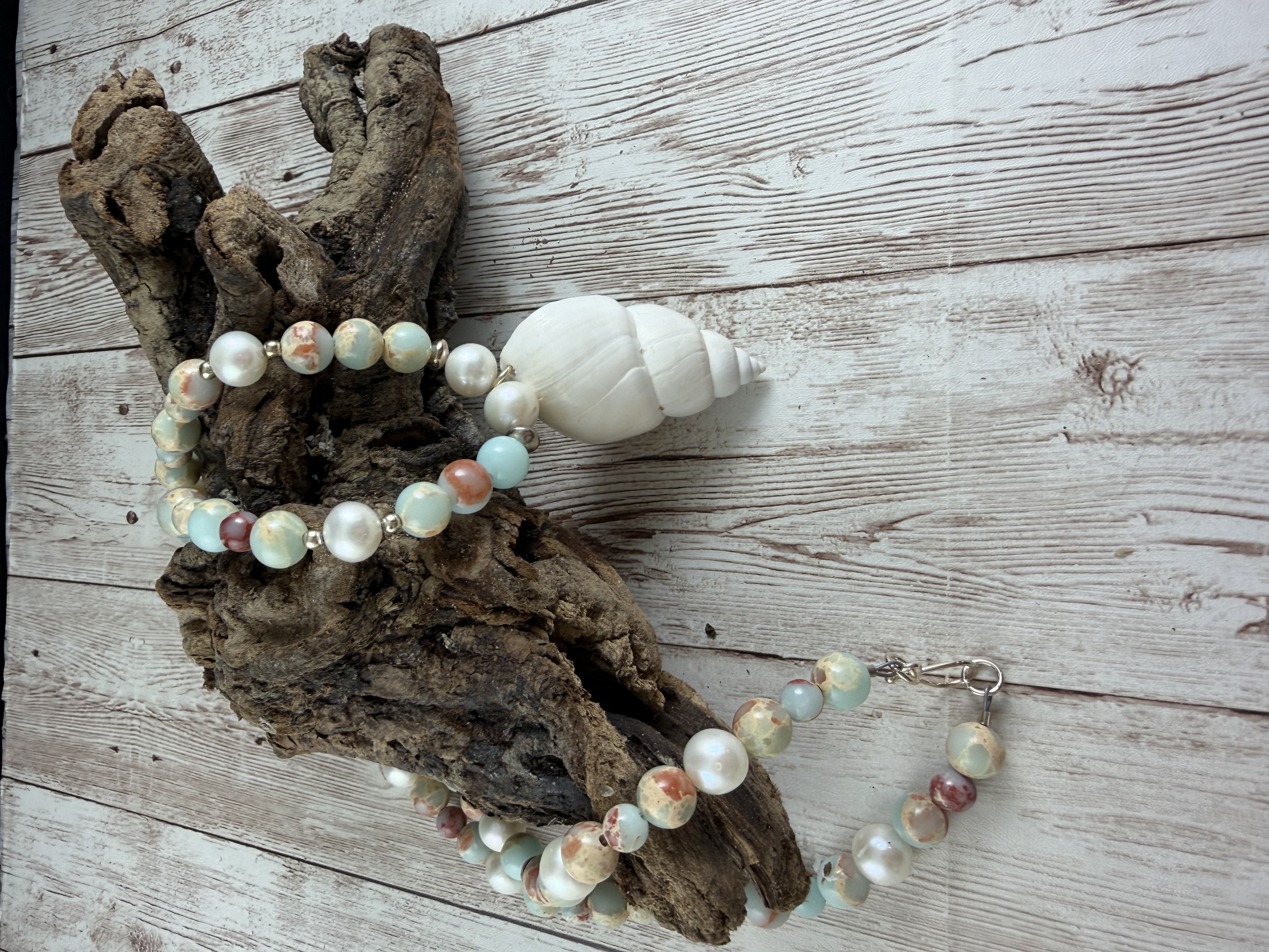 Aqua Terra Jasper and Pearl Necklace with Shell Pendant image 6