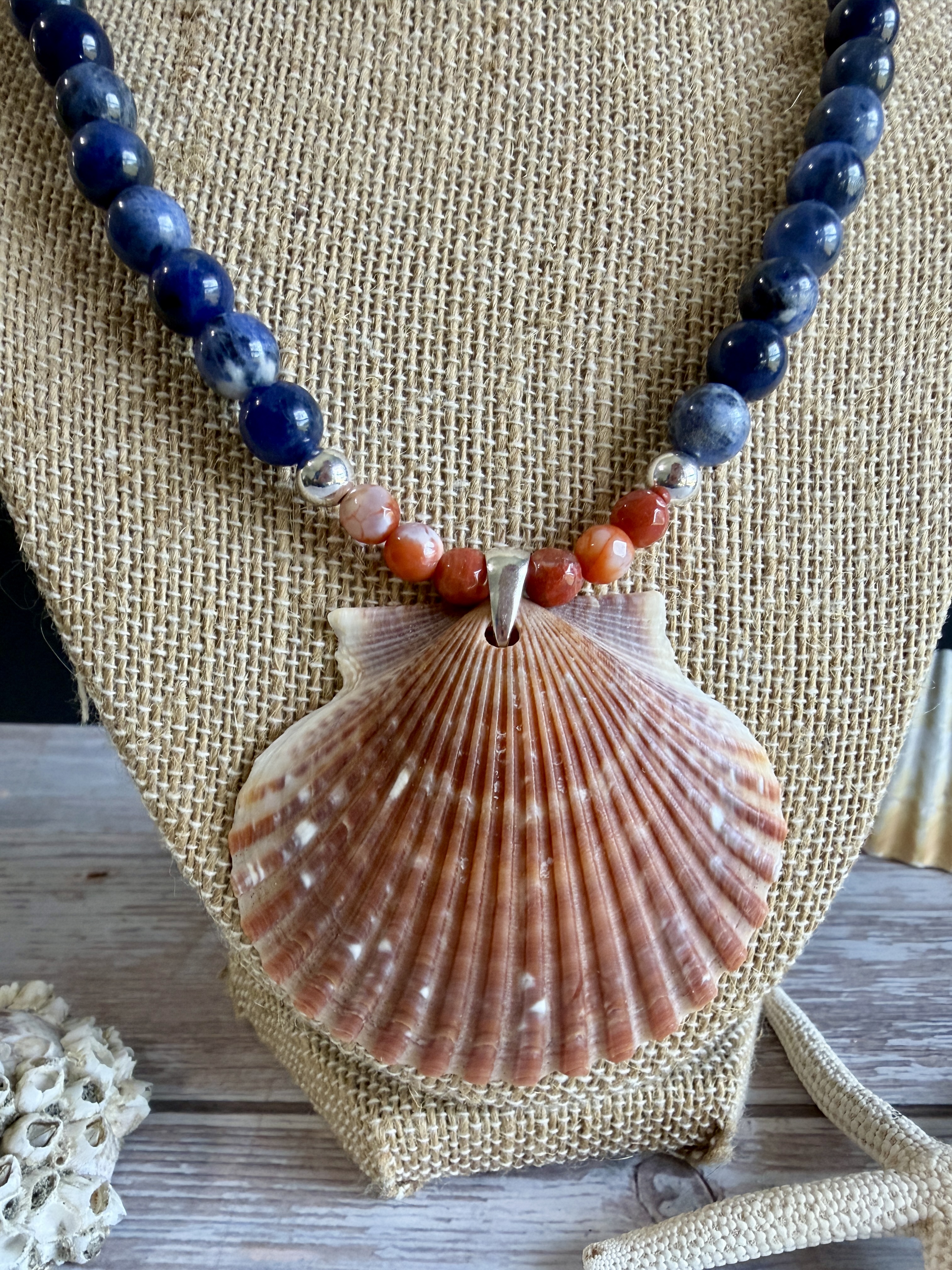 Sodalite and Carnelian Necklace with Shell Pendant image 3