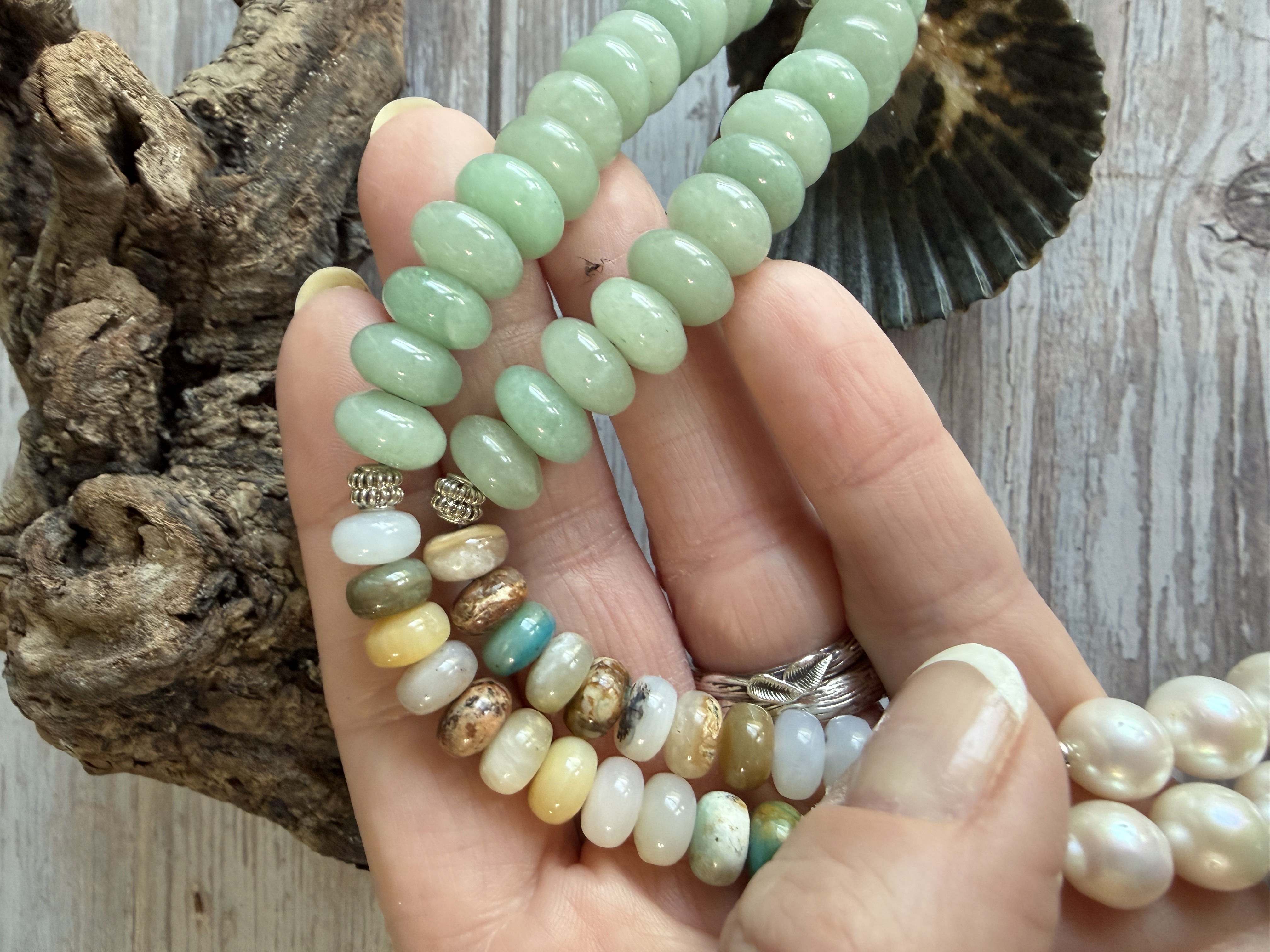 Aventurine, Opal and Pearl Necklace with Shell Pendant image 4
