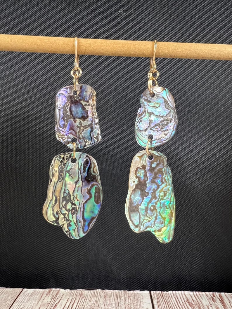 Double Abalone Dangle Earrings, Gold Vermeil Hooks, Ocean Jewelry — Handmade by Geena Dykes at Taylor And Caroline