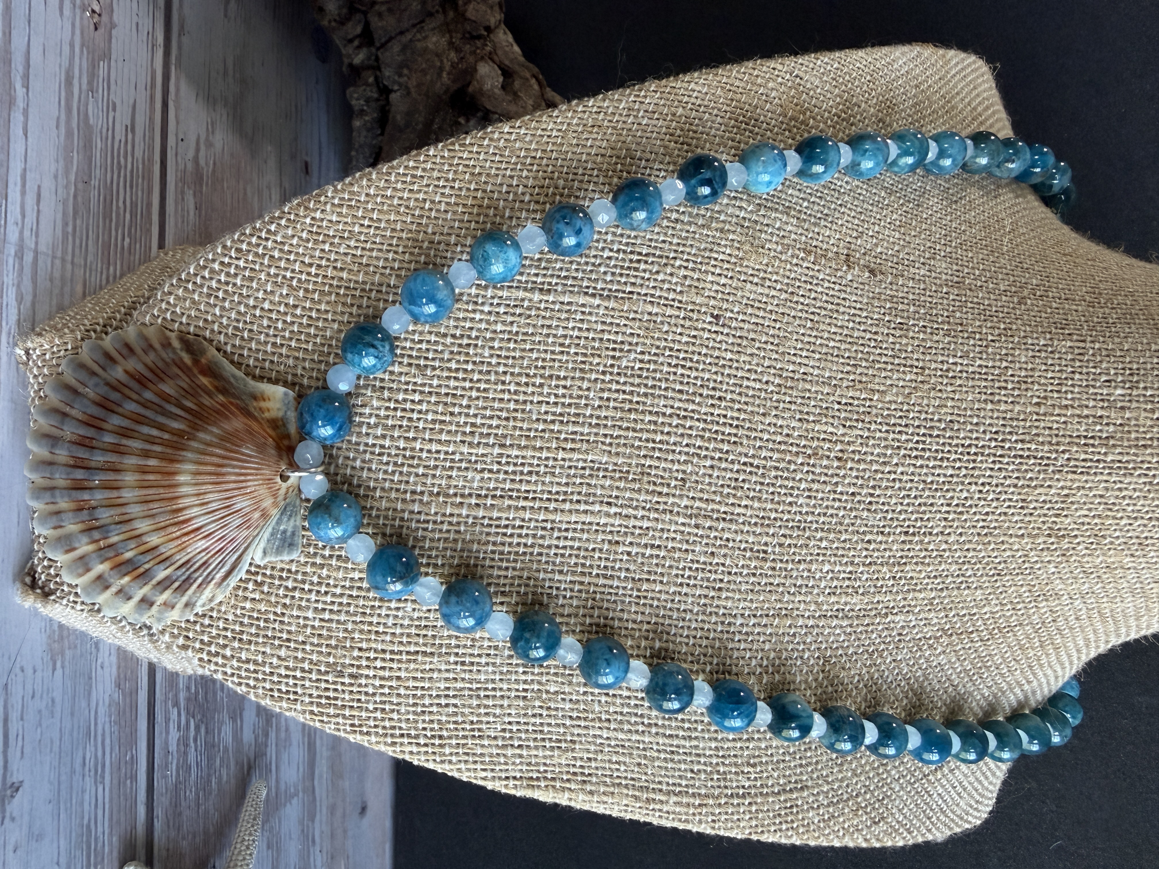 Apatite and Agate Necklace with Shell Pendant image 3