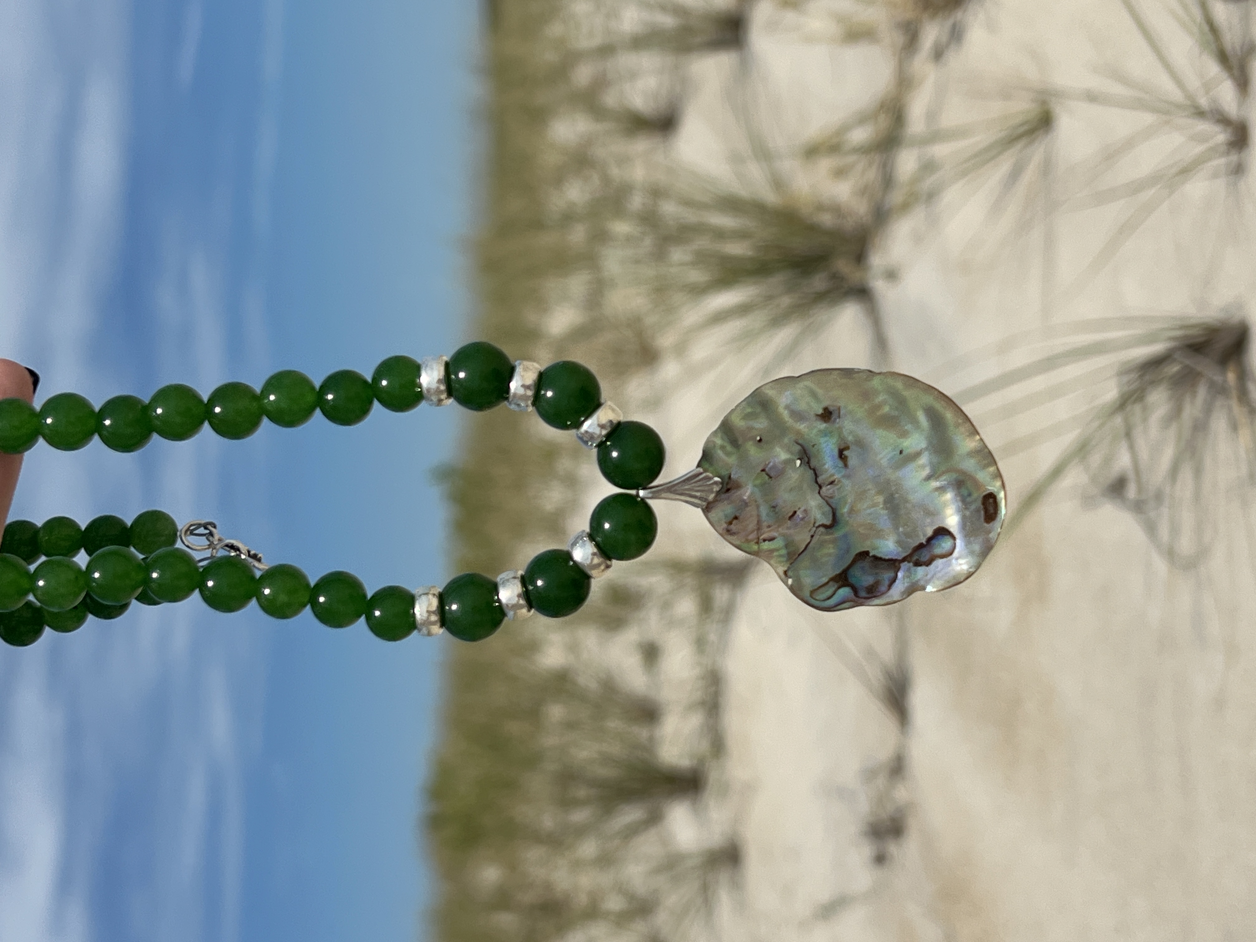 Green Jade Necklace with Abalone Pendant image 2