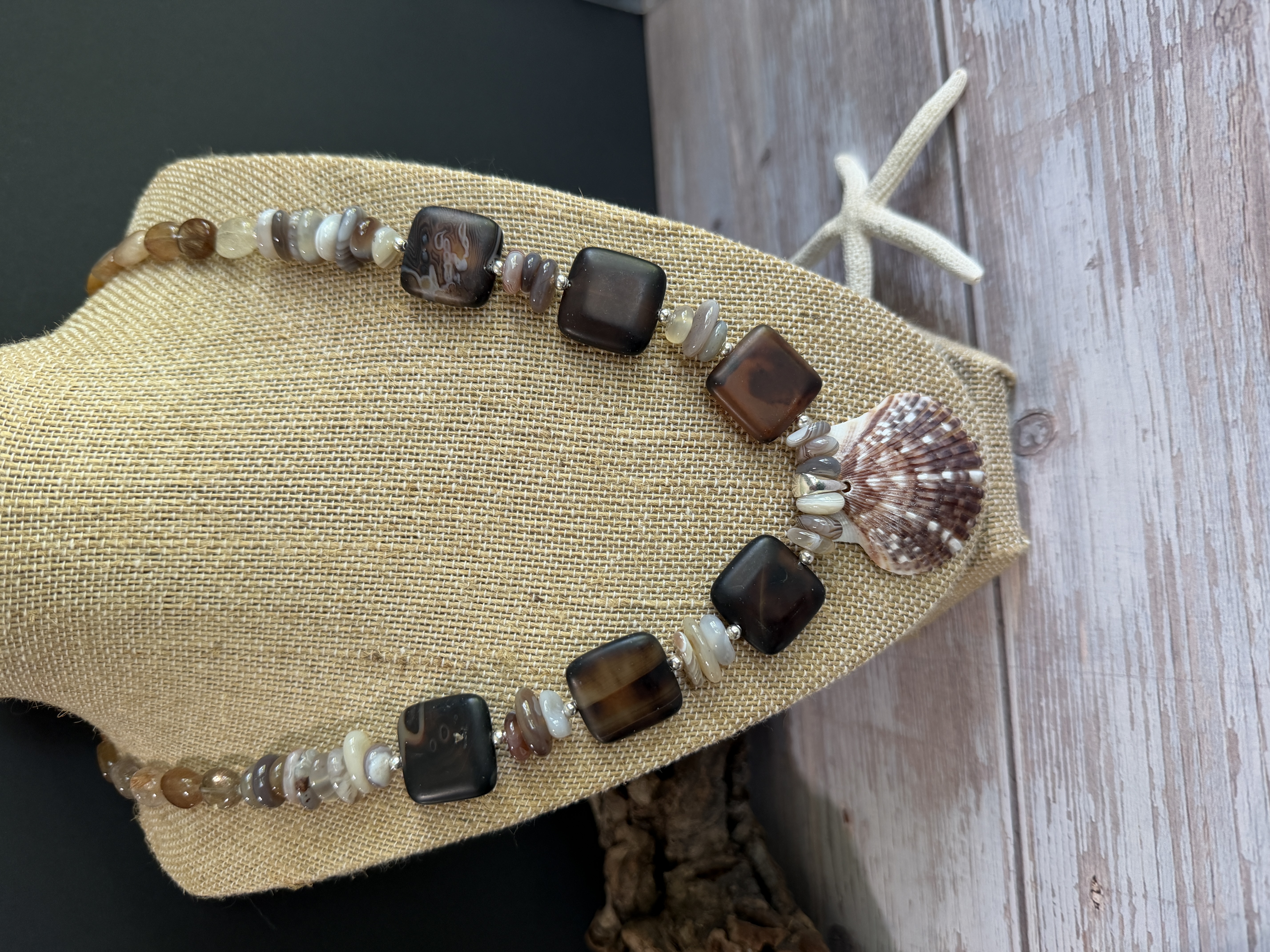 Botswana Agate Necklace with Shell Pendant image 5