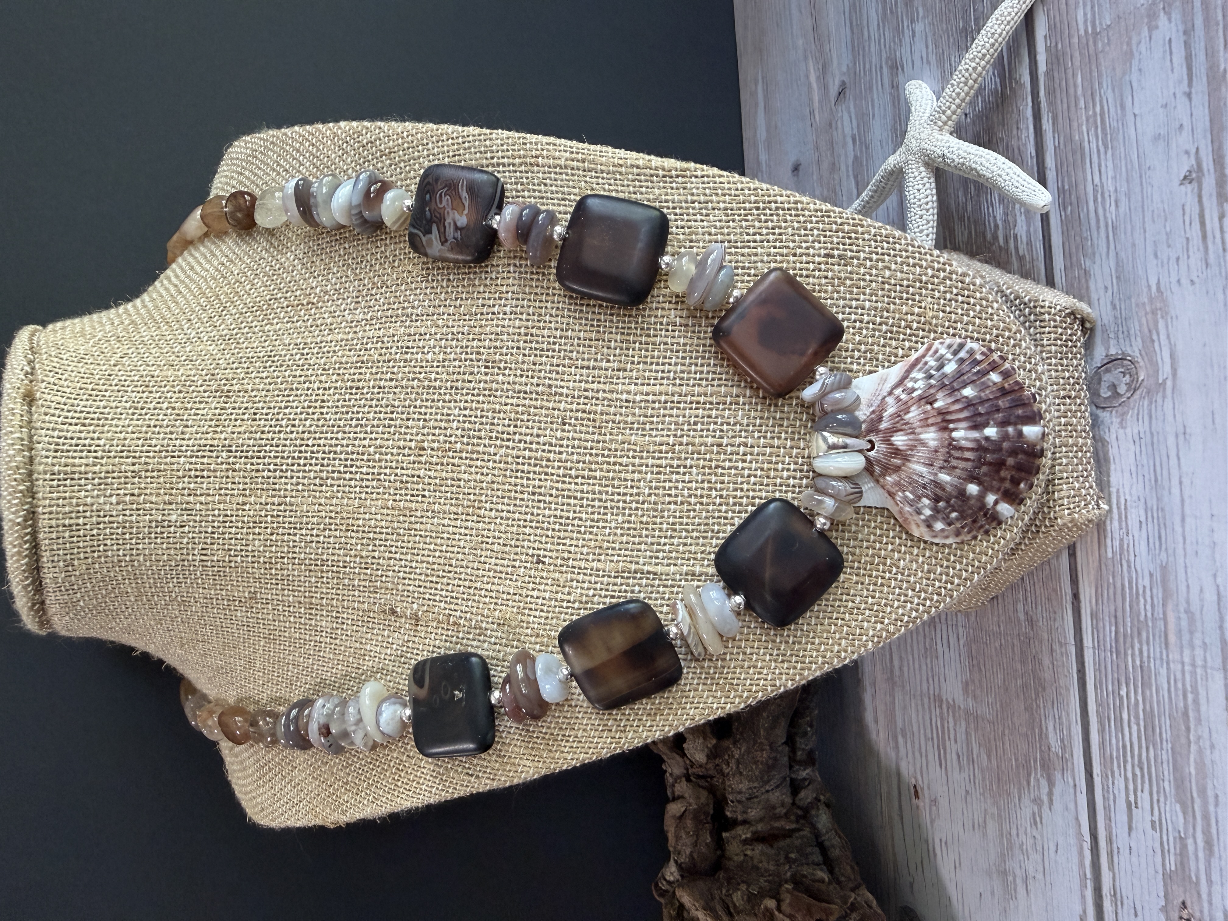 Botswana Agate Necklace with Shell Pendant