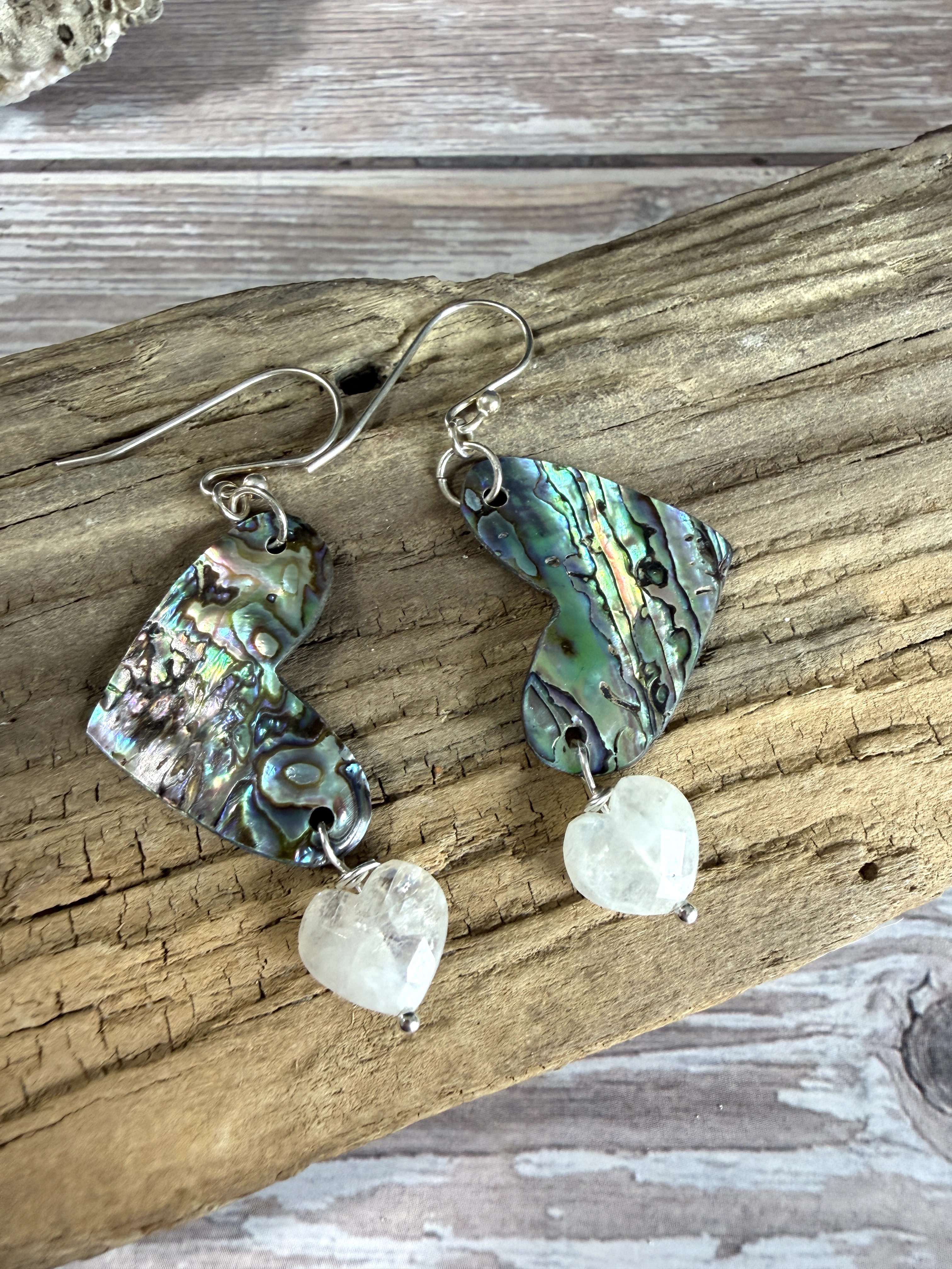 Abalone Heart Earrings with Moonstone image 2