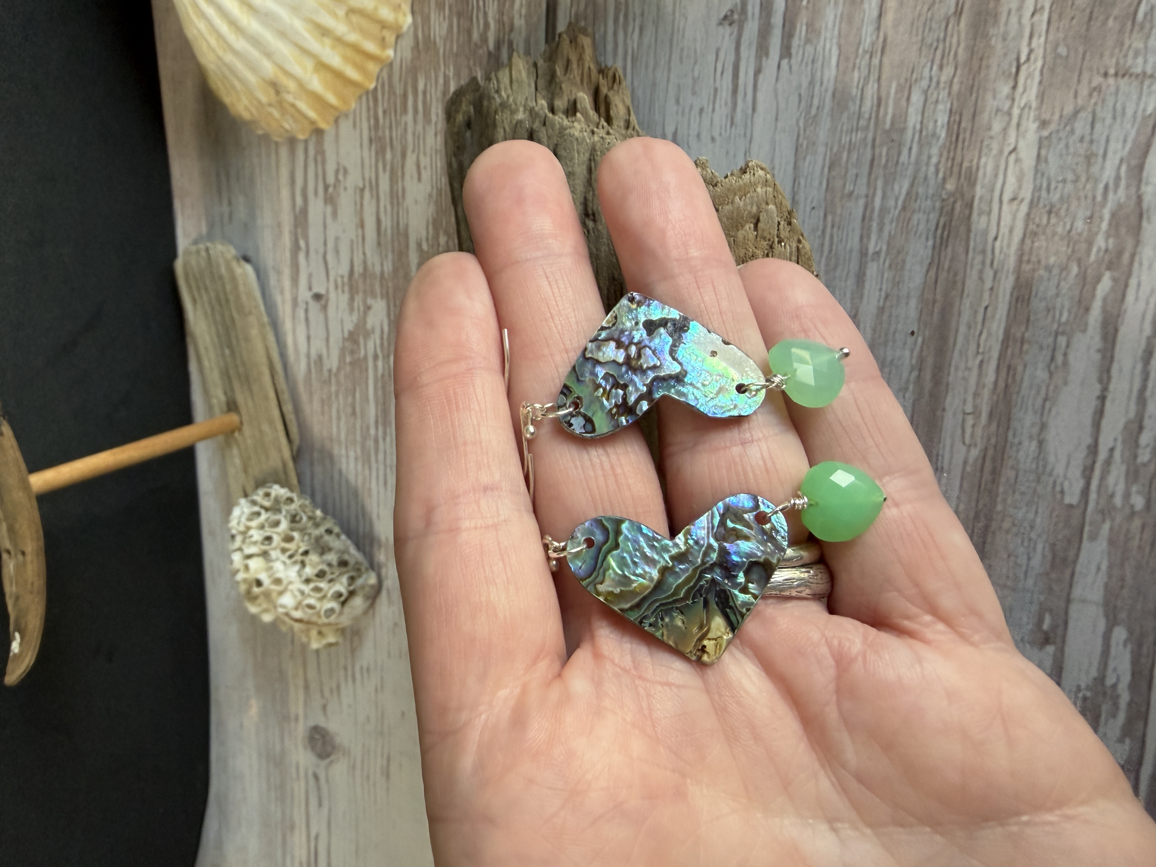 Abalone Heart Earrings with Chrysoprase  image 3