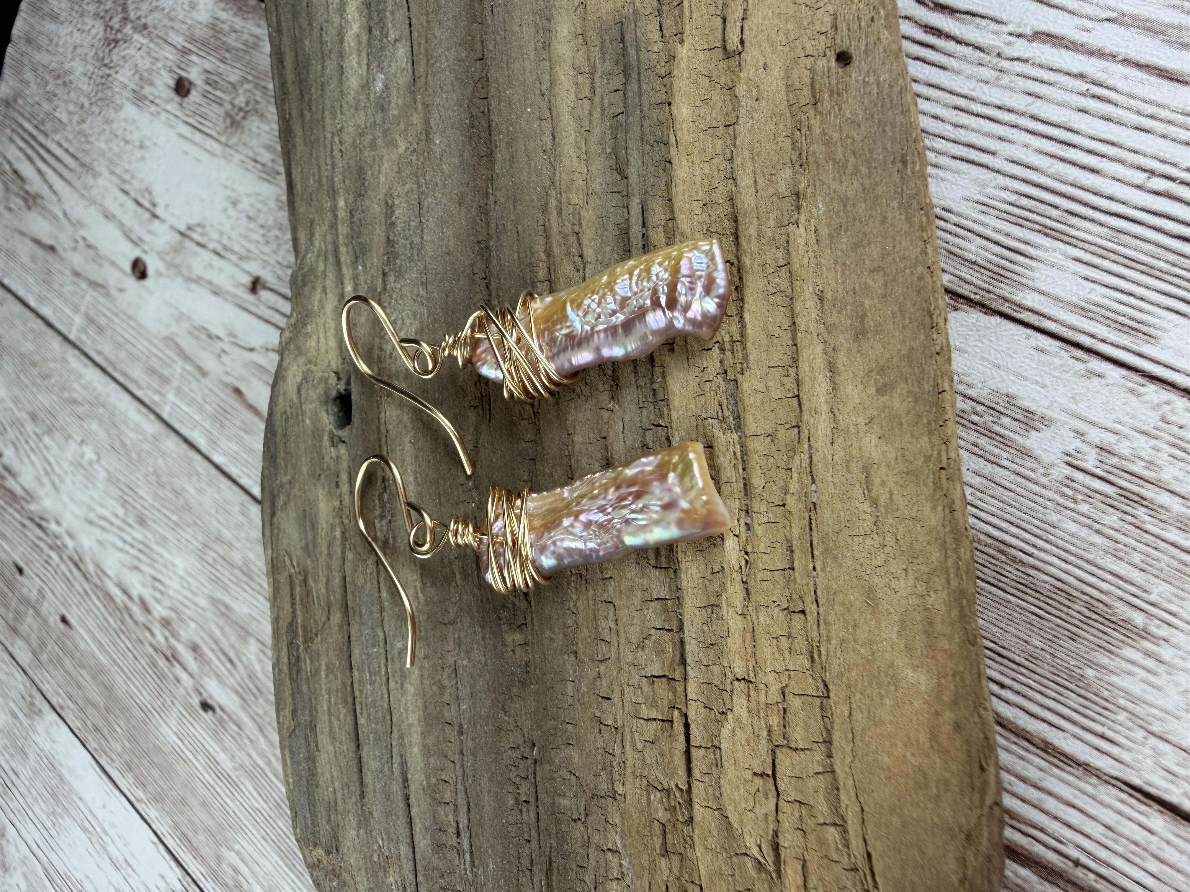 Gold Wire Wrapped Pink Baroque Pearl Earrings image 5