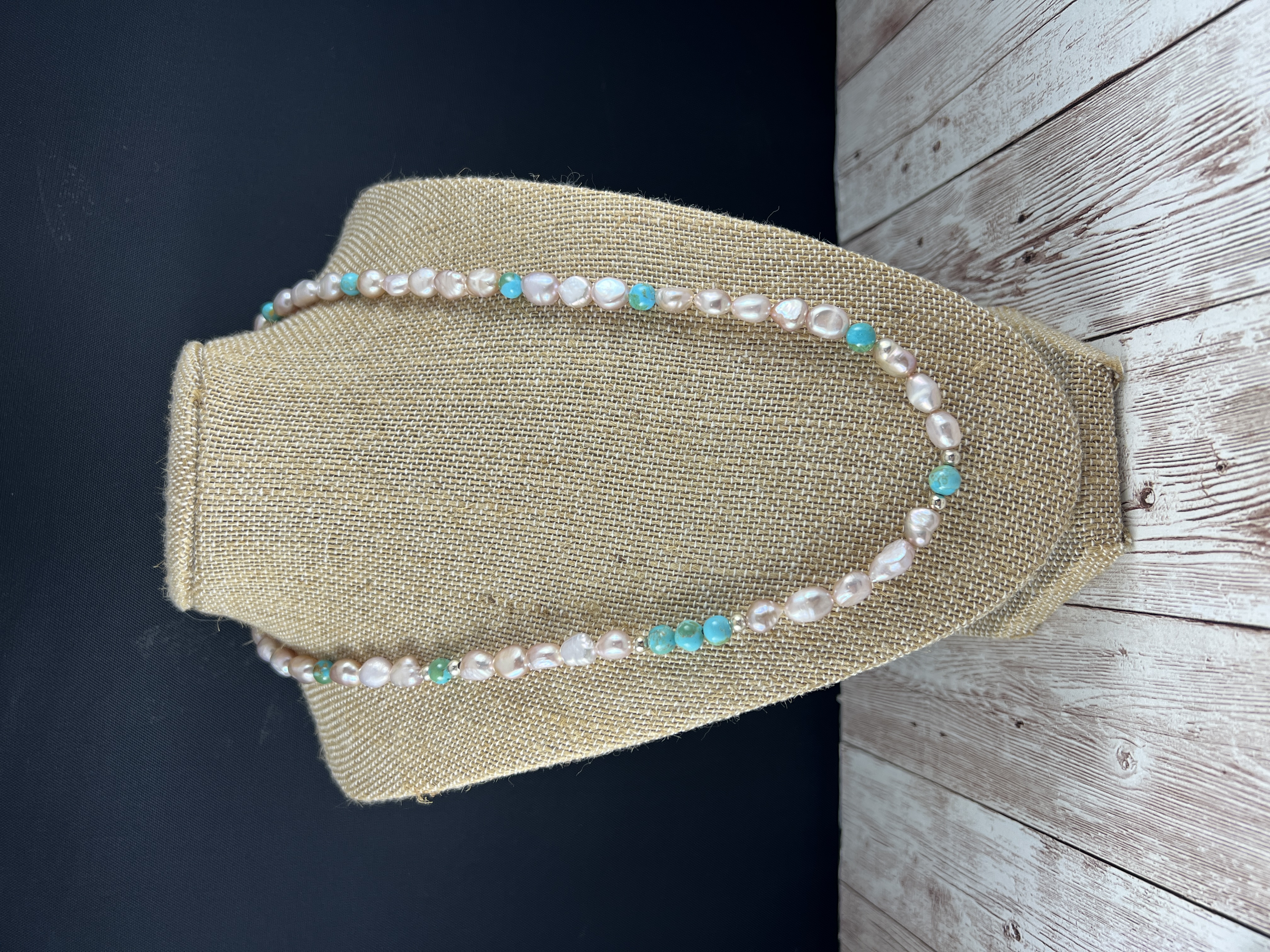 Freshwater Pearl and Kingman Turquoise Necklace, Sterling Silver Clasp