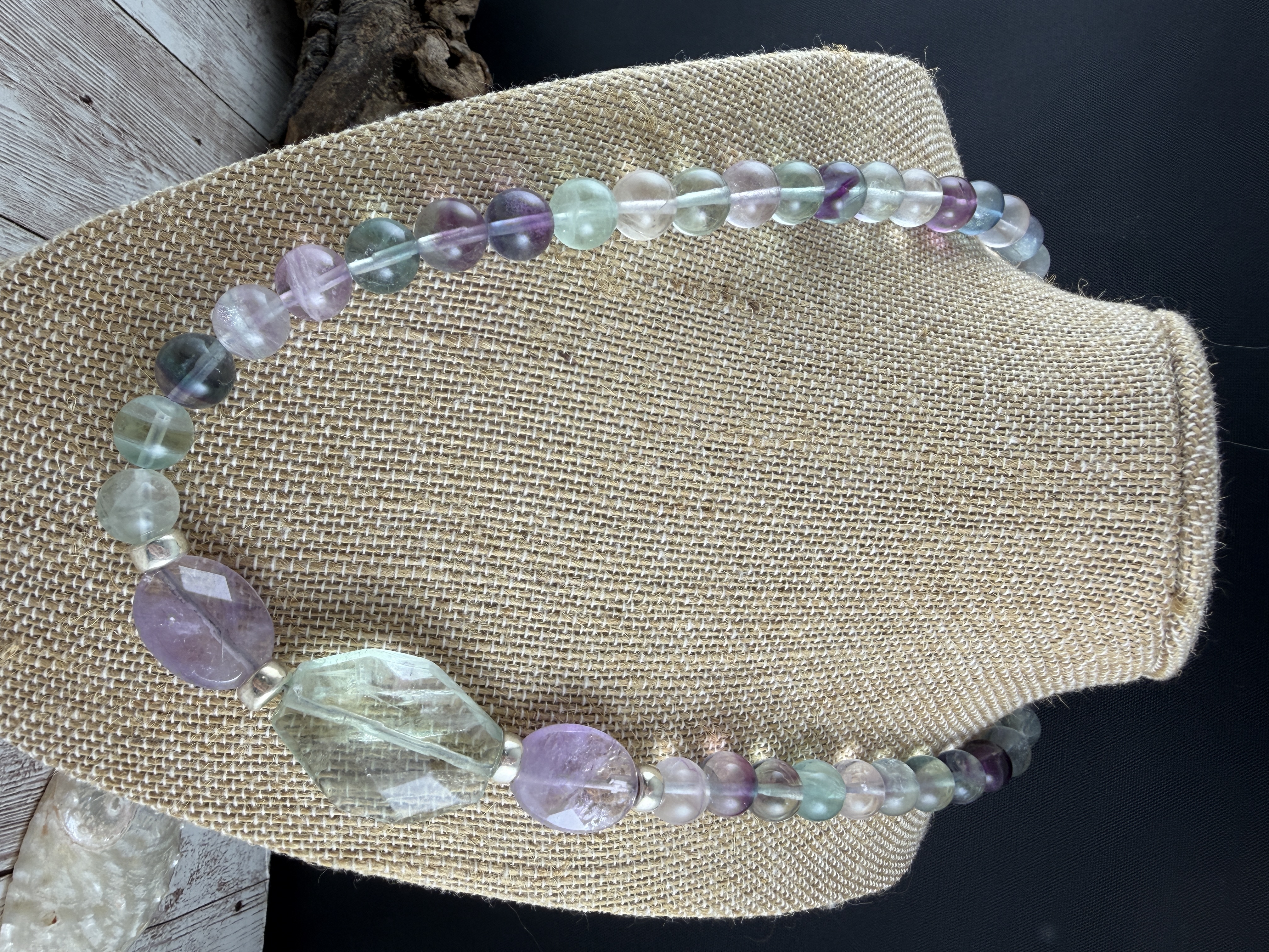 Rainbow Fluorite Beaded Necklace, Sterling Silver, Multi-Color Pastel image 3