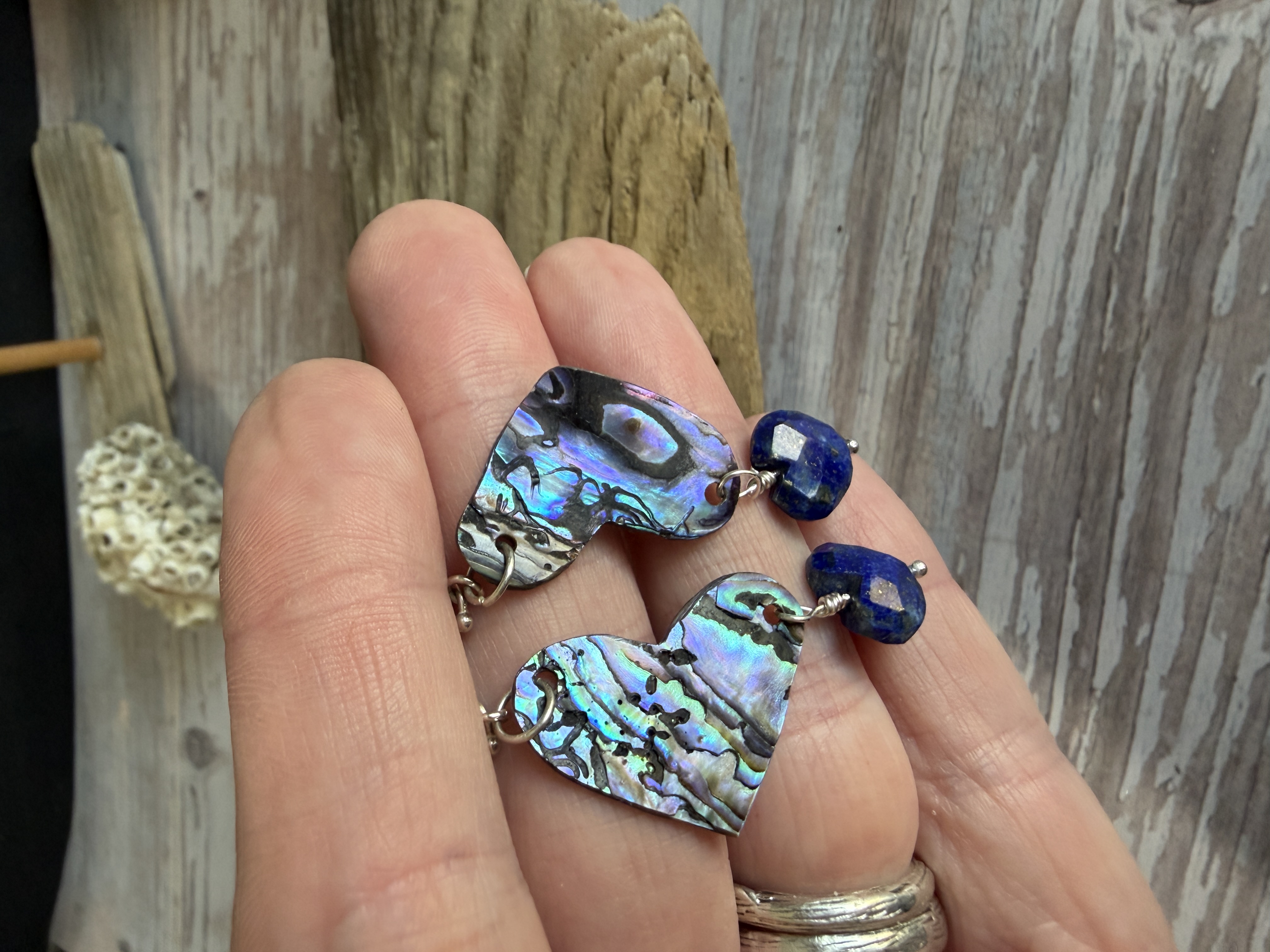 Abalone Heart Earrings with Lapis Lazuli image 5