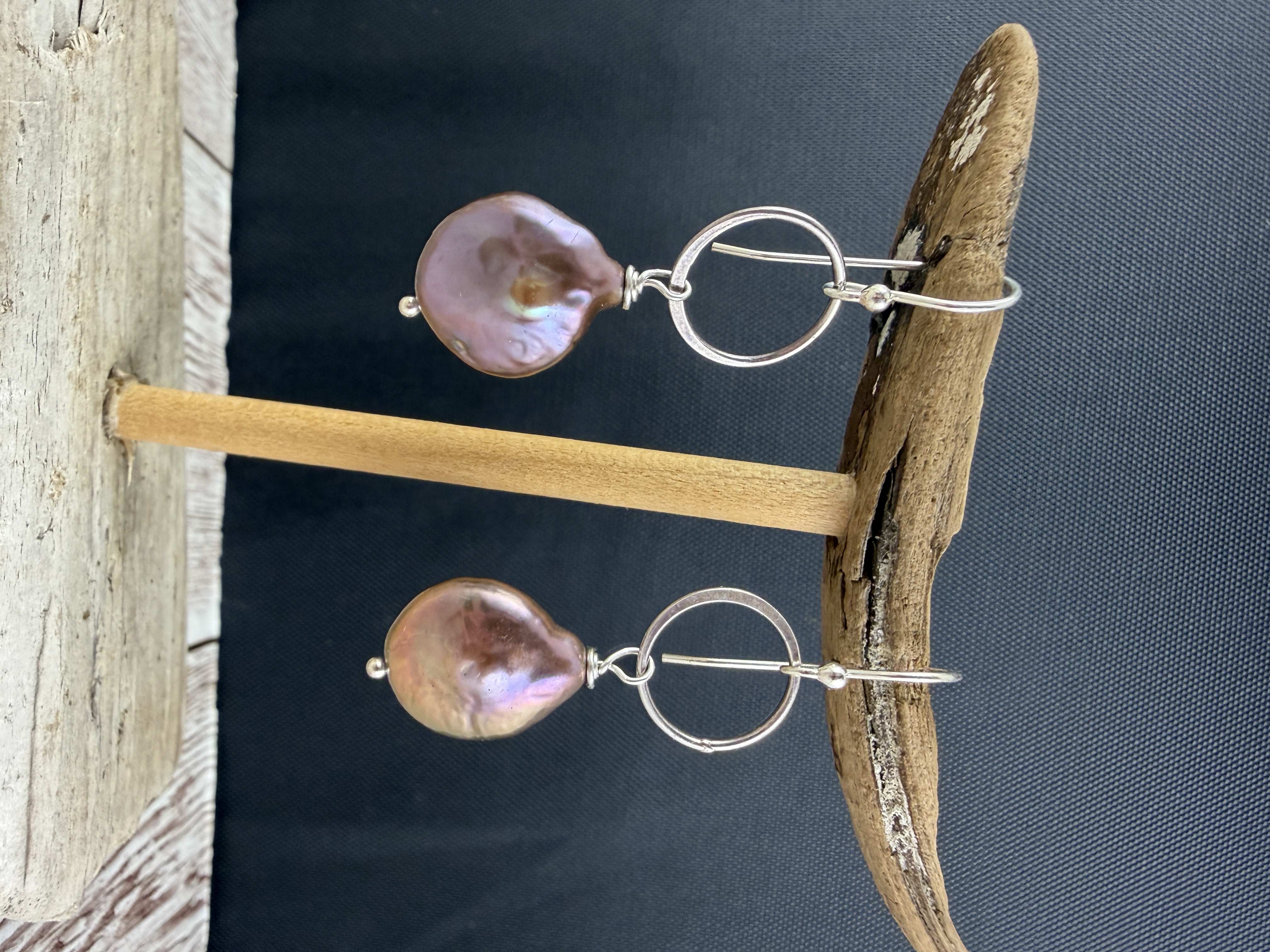 Sterling Silver Freshwater Coin Pearl Dangle Earrings, Purple Bronze — Handmade by Geena Dykes at Taylor And Caroline