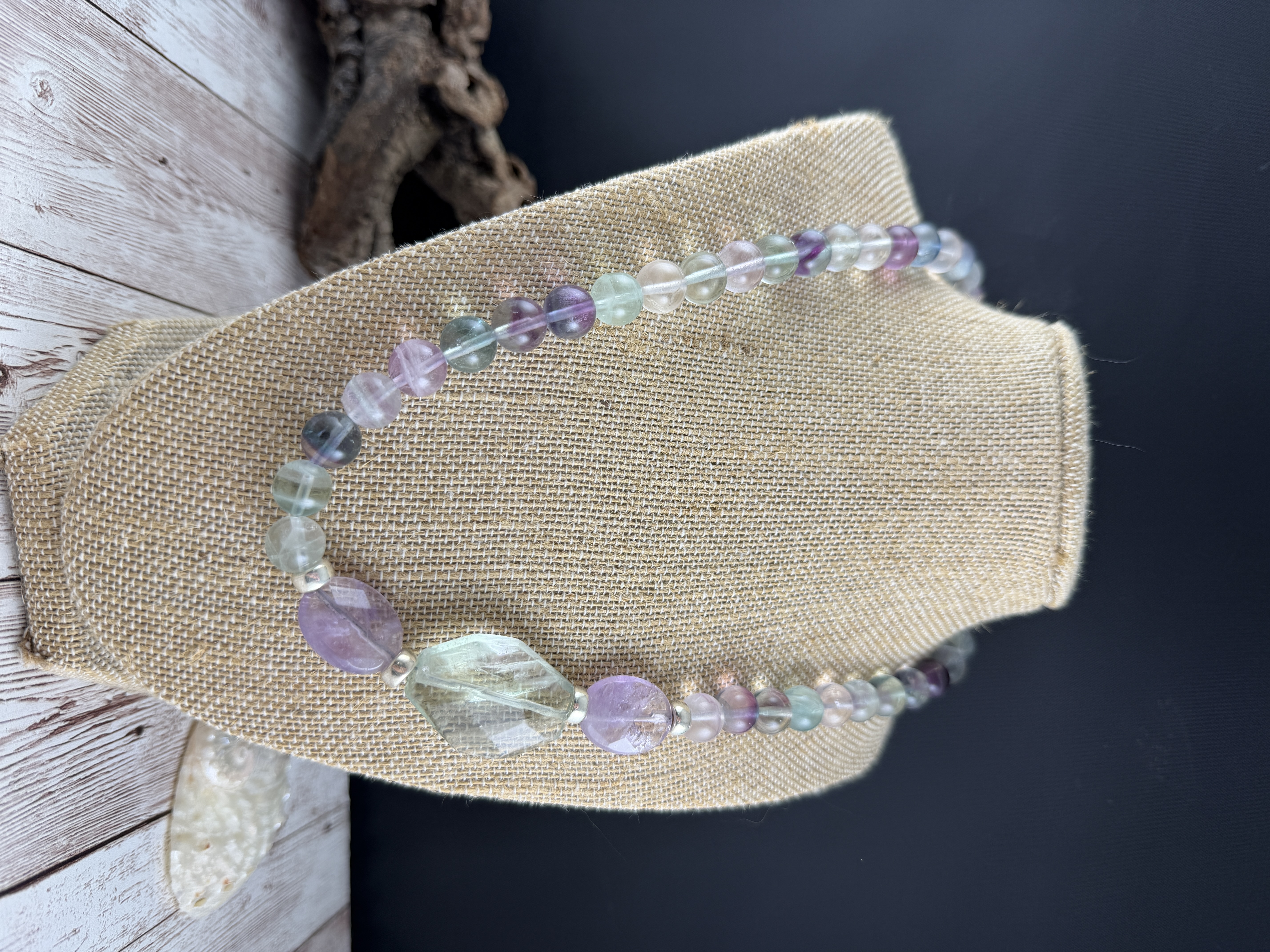 Rainbow Fluorite Beaded Necklace, Sterling Silver, Multi-Color Pastel