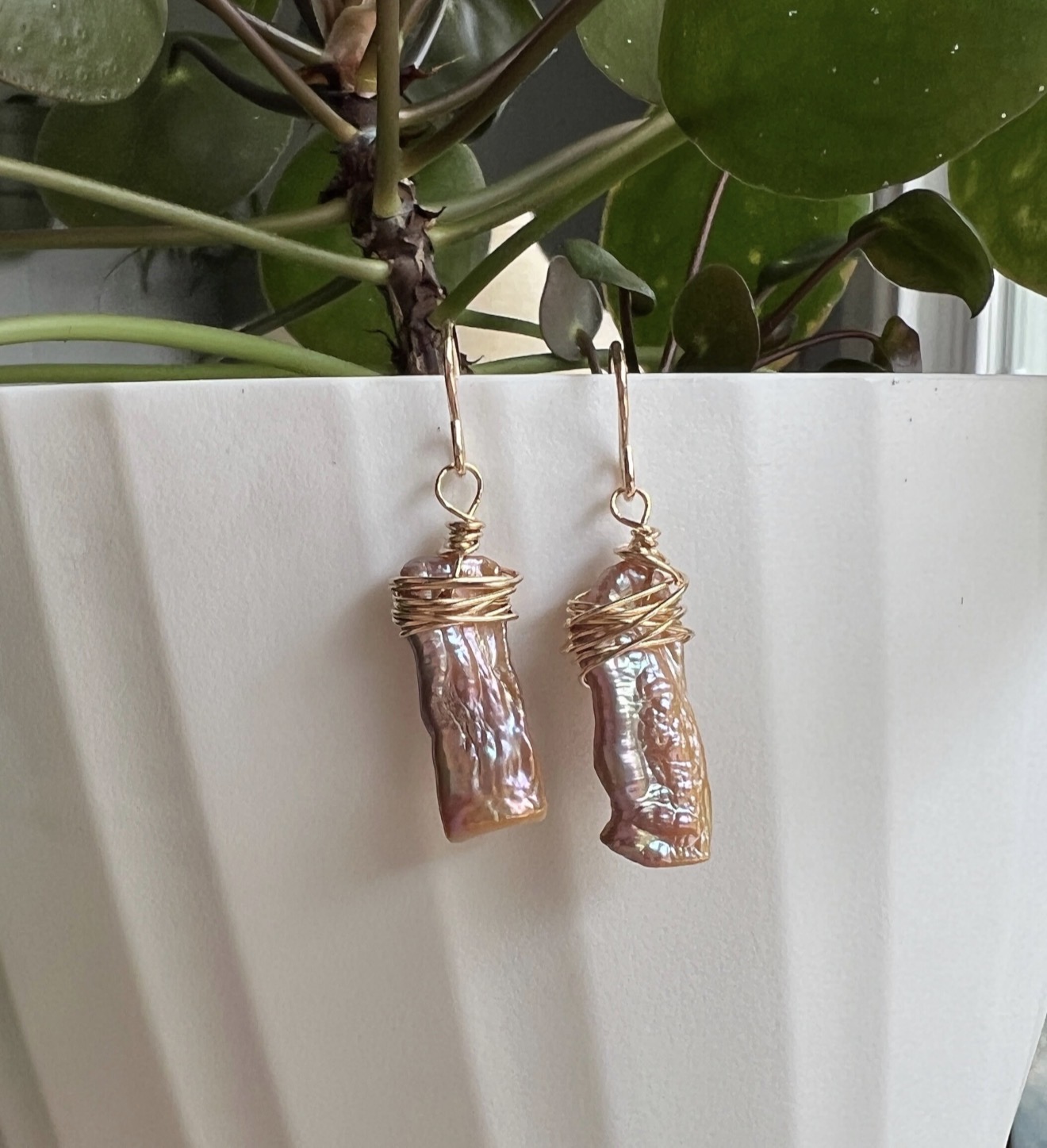 Gold Wire Wrapped Pink Baroque Pearl Earrings image 2
