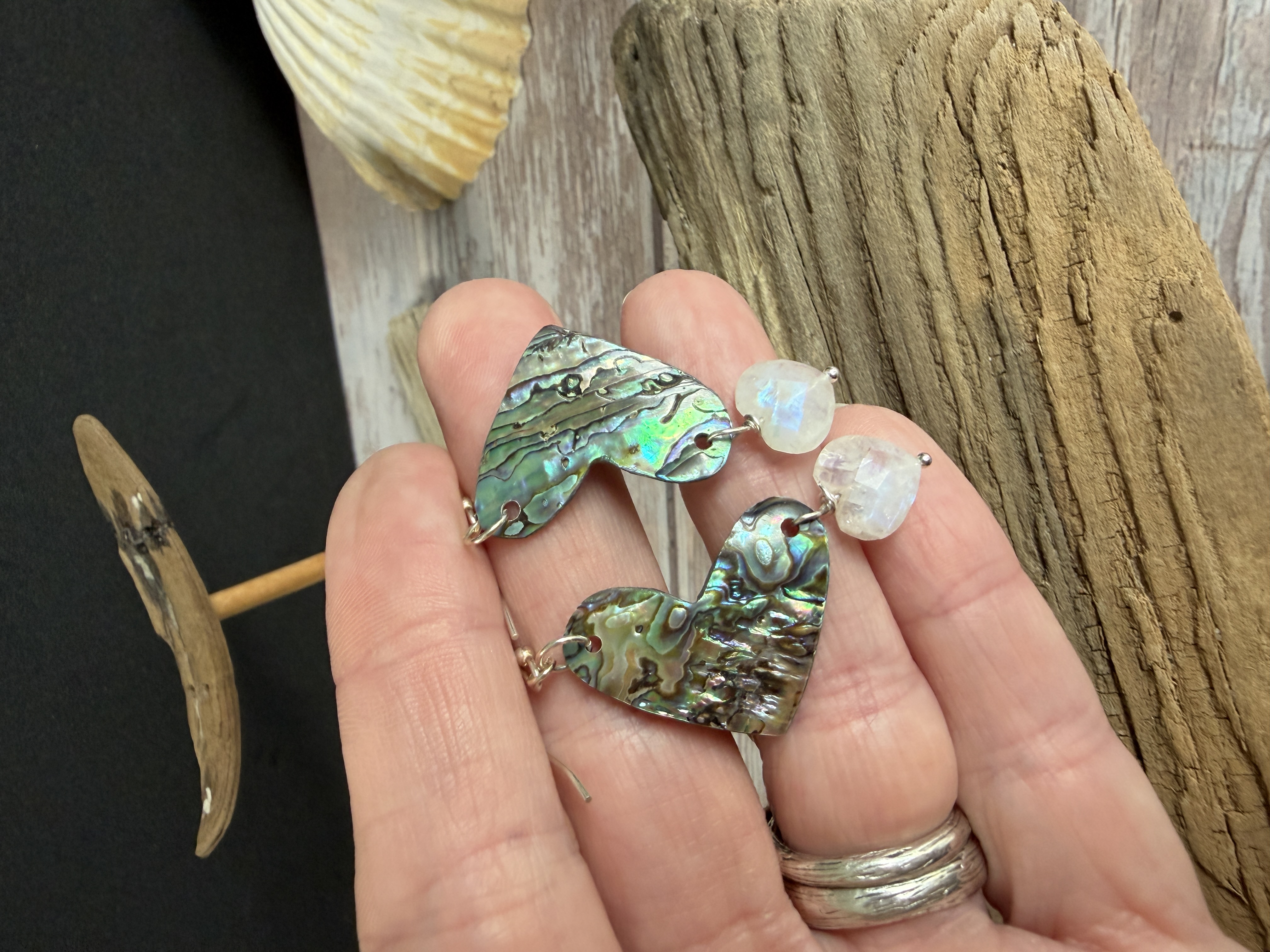 Abalone Heart Earrings with Moonstone image 5