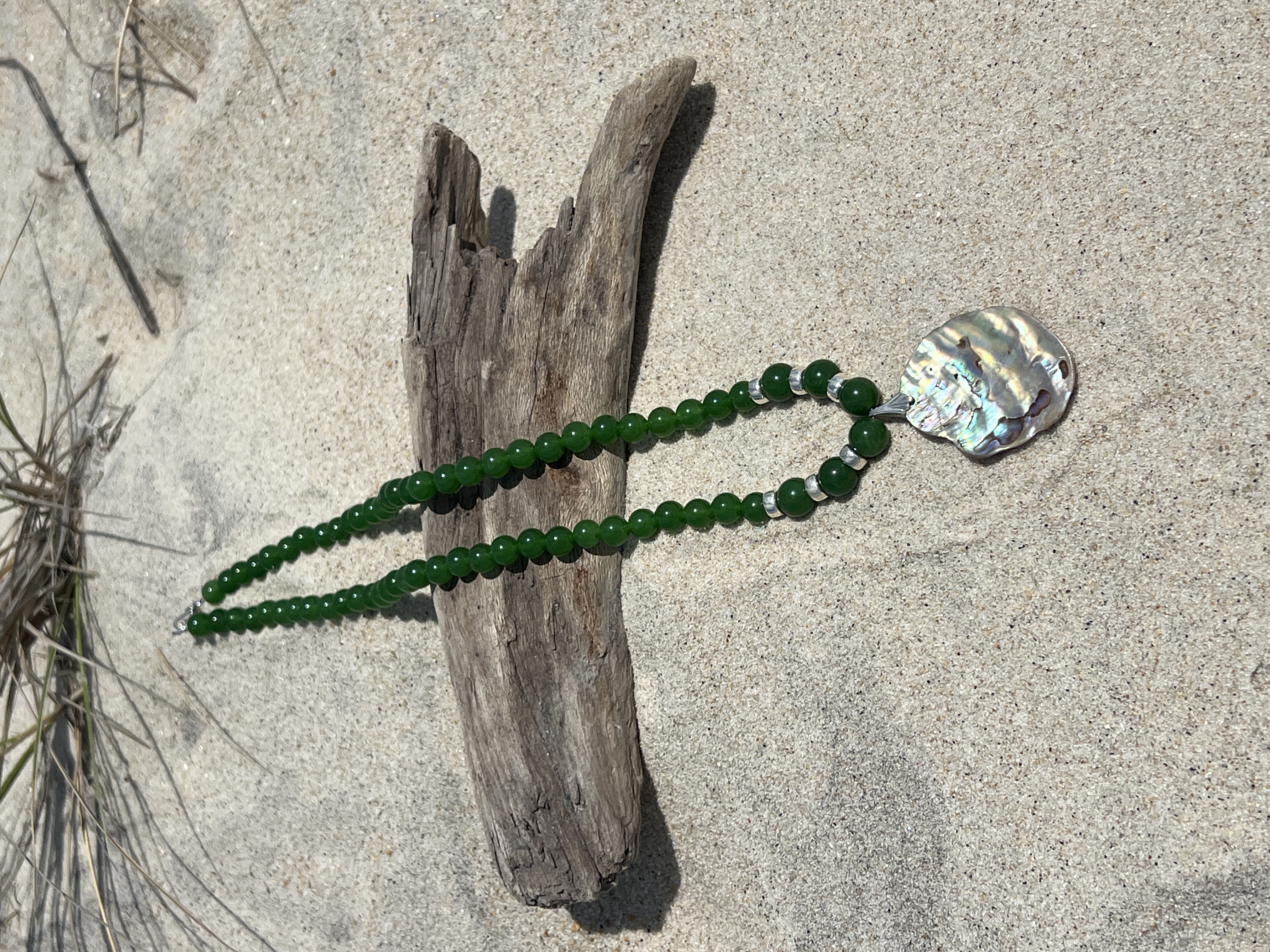 Green Jade Necklace with Abalone Pendant image 3