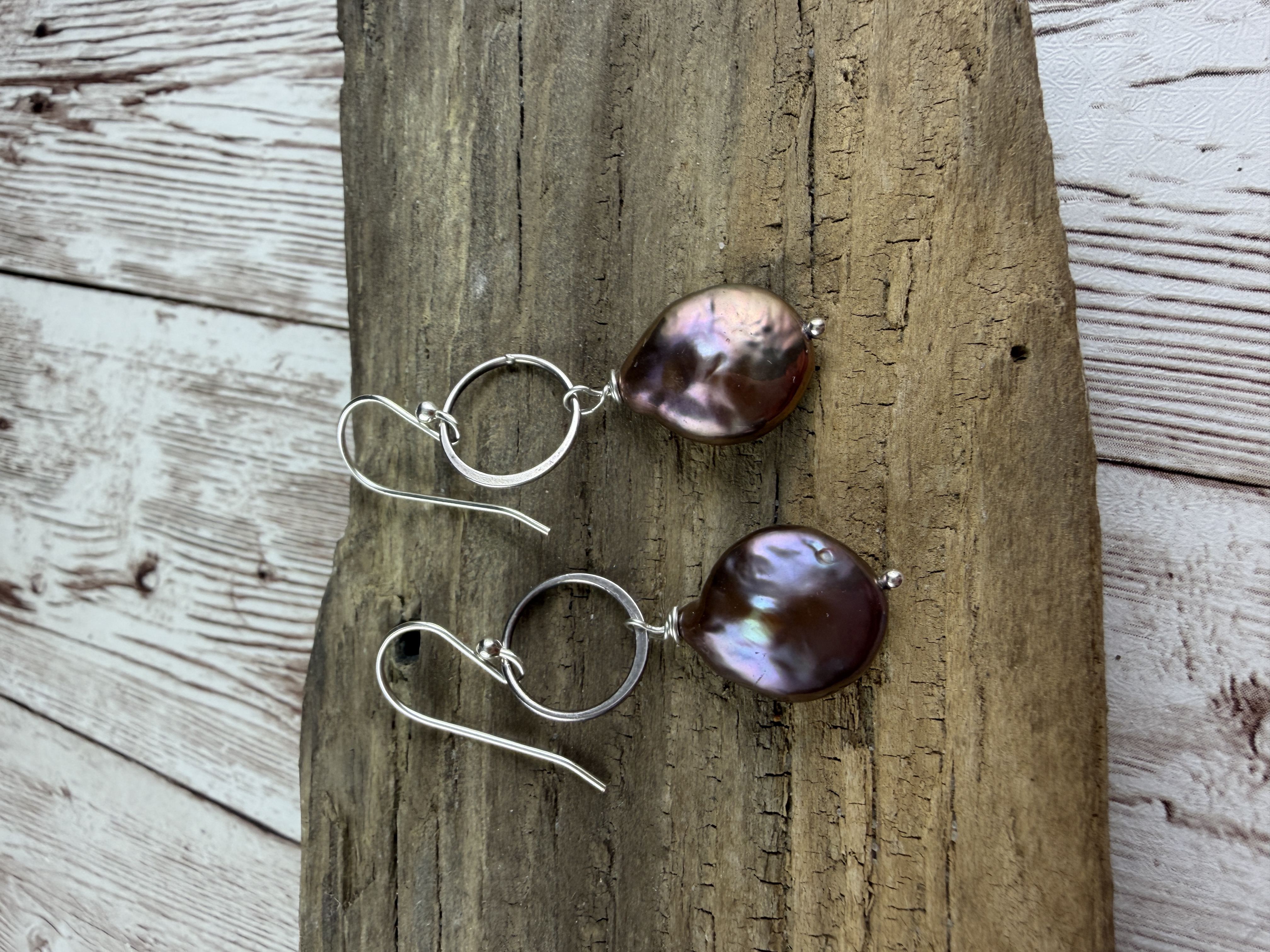 Sterling Silver Freshwater Coin Pearl Dangle Earrings, Purple Bronze image 4