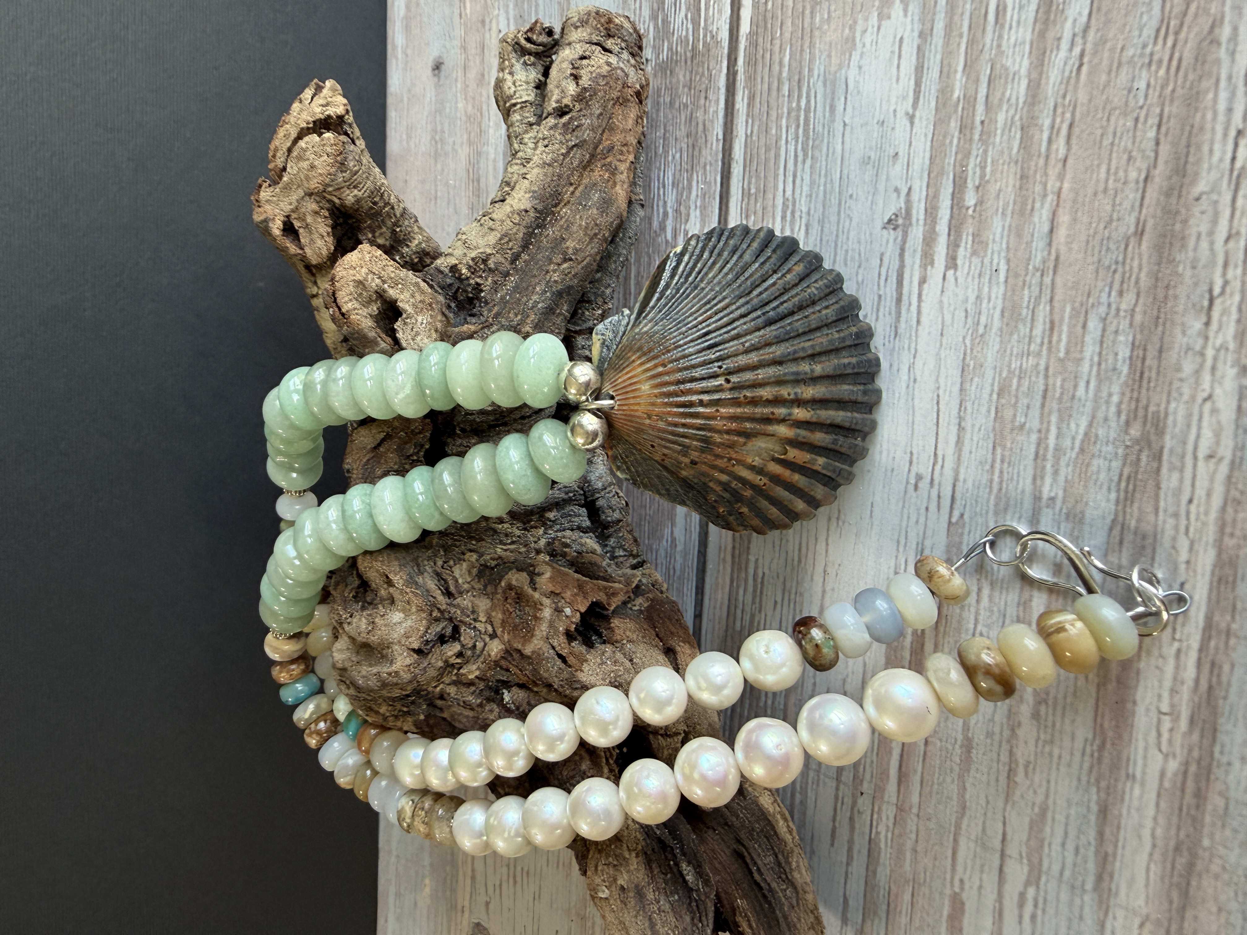 Aventurine, Opal and Pearl Necklace with Shell Pendant image 6