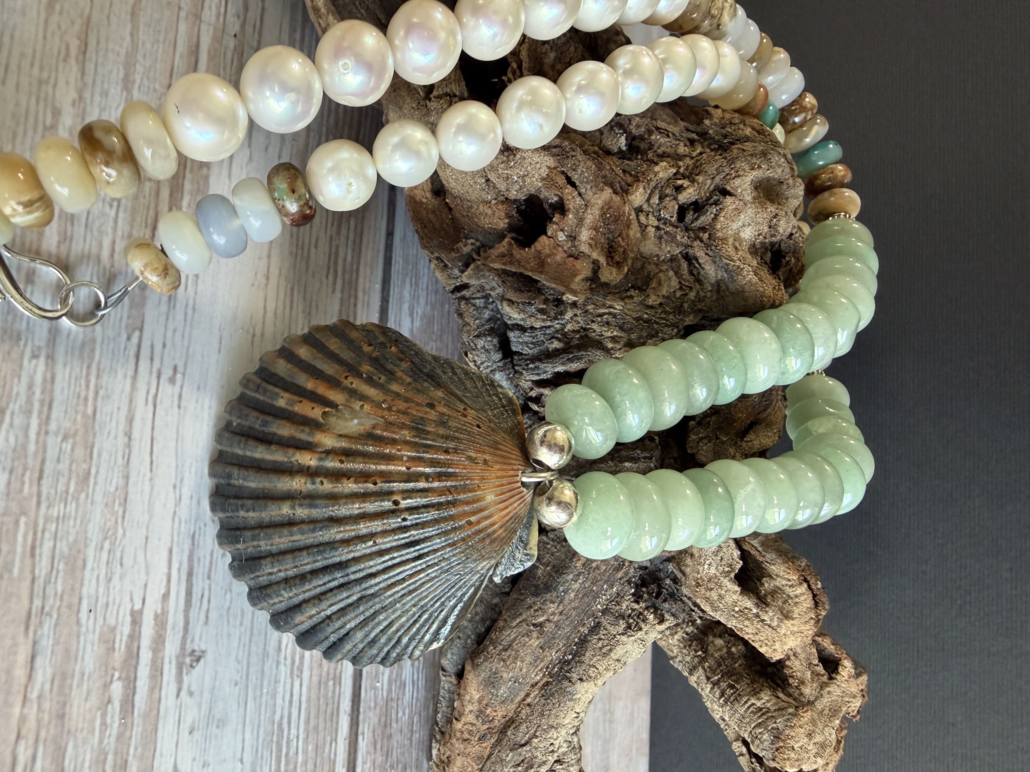 Aventurine, Opal and Pearl Necklace with Shell Pendant image 5
