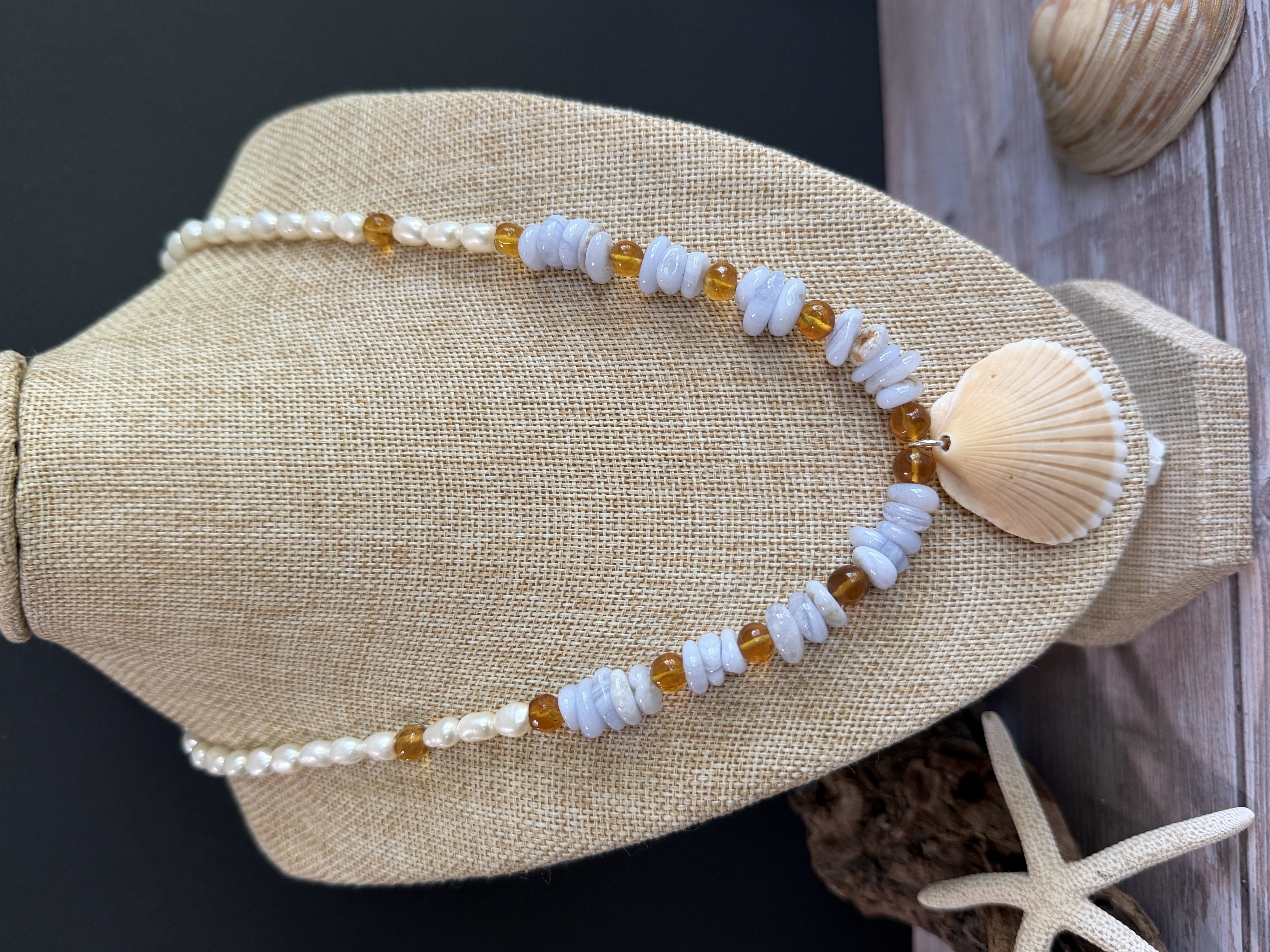 Blue Lace Agate, Amber and Pearl Necklace image 2