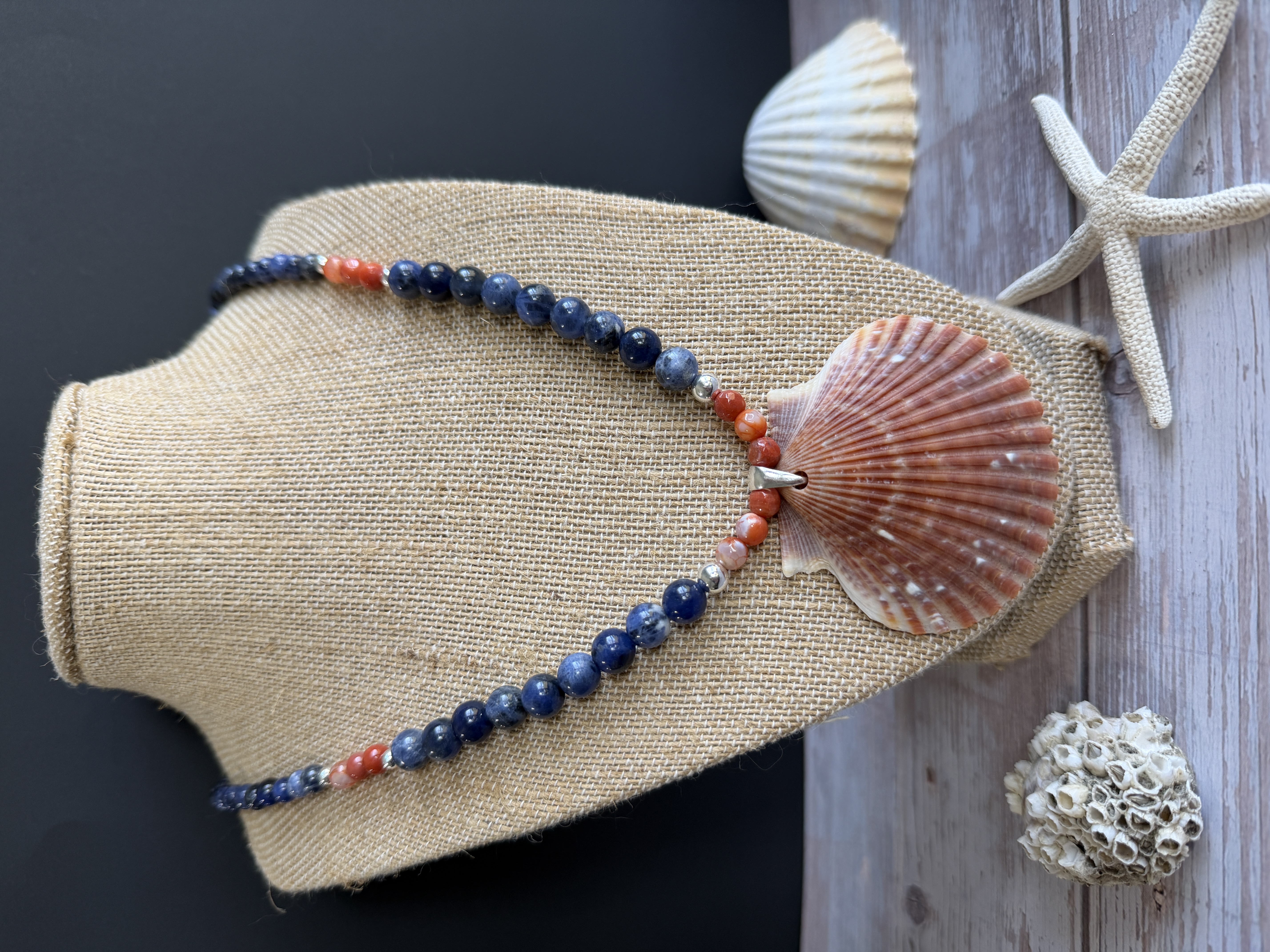 Sodalite and Carnelian Necklace with Shell Pendant image 2