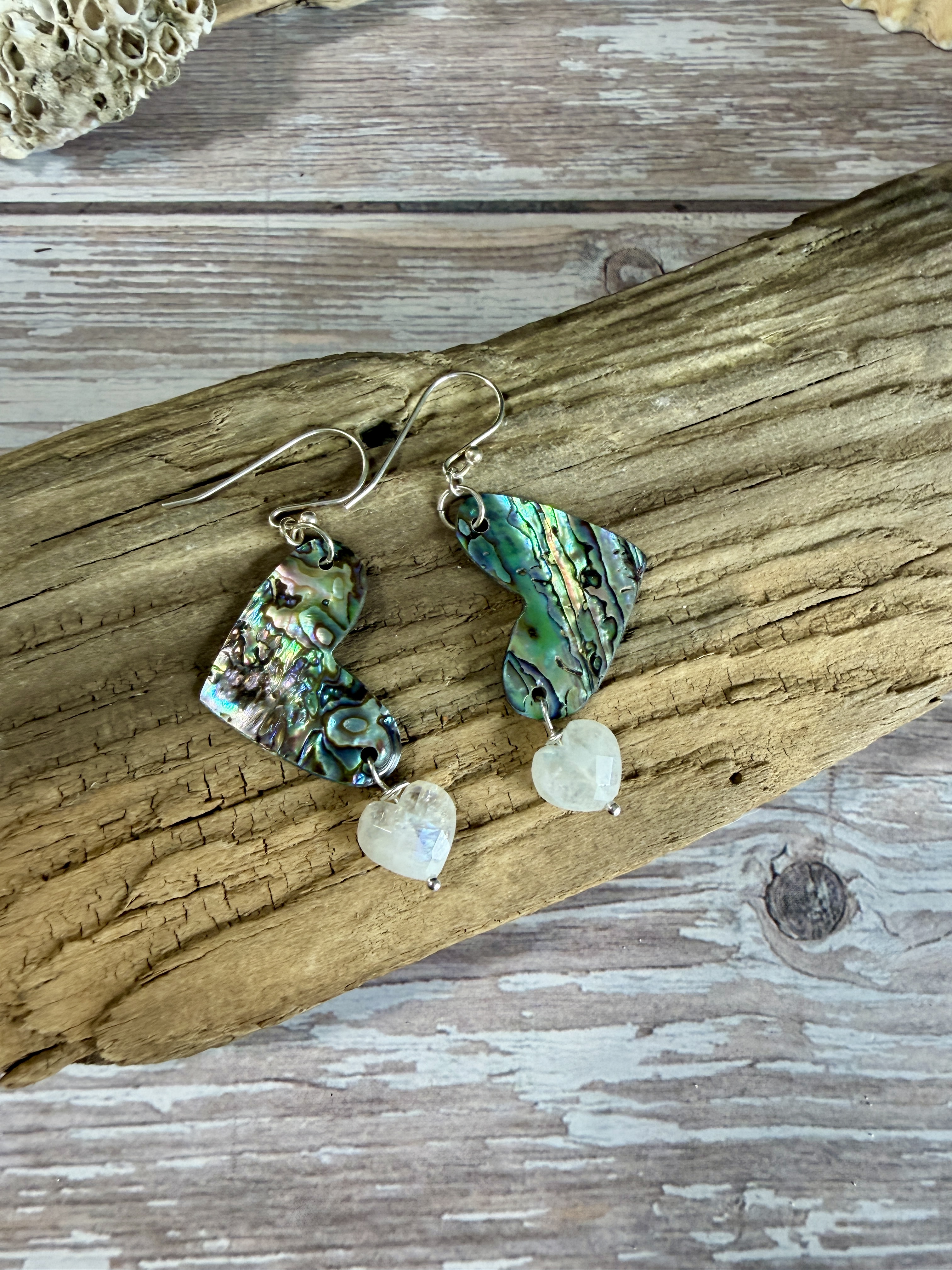 Abalone Heart Earrings with Moonstone image 3