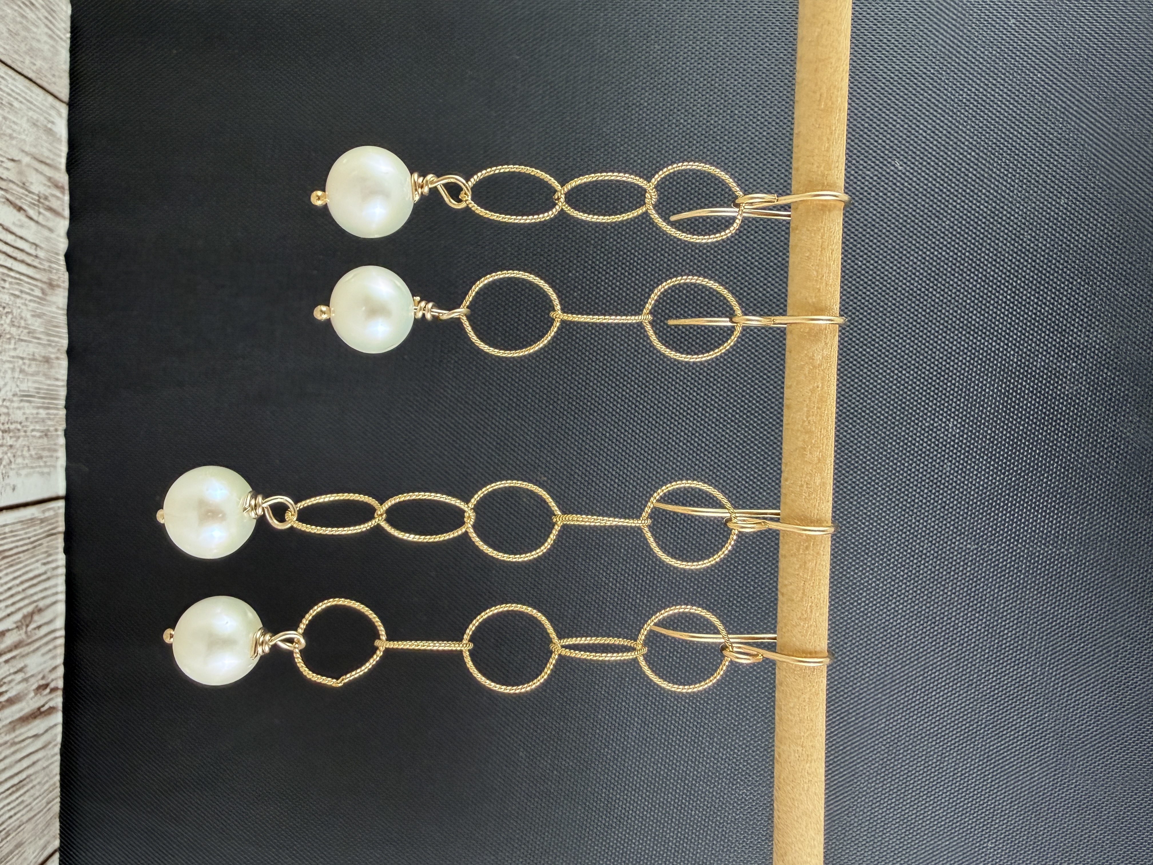 White Pearl Gold Filled Dangle Earrings — Handmade by Geena Dykes at Taylor And Caroline