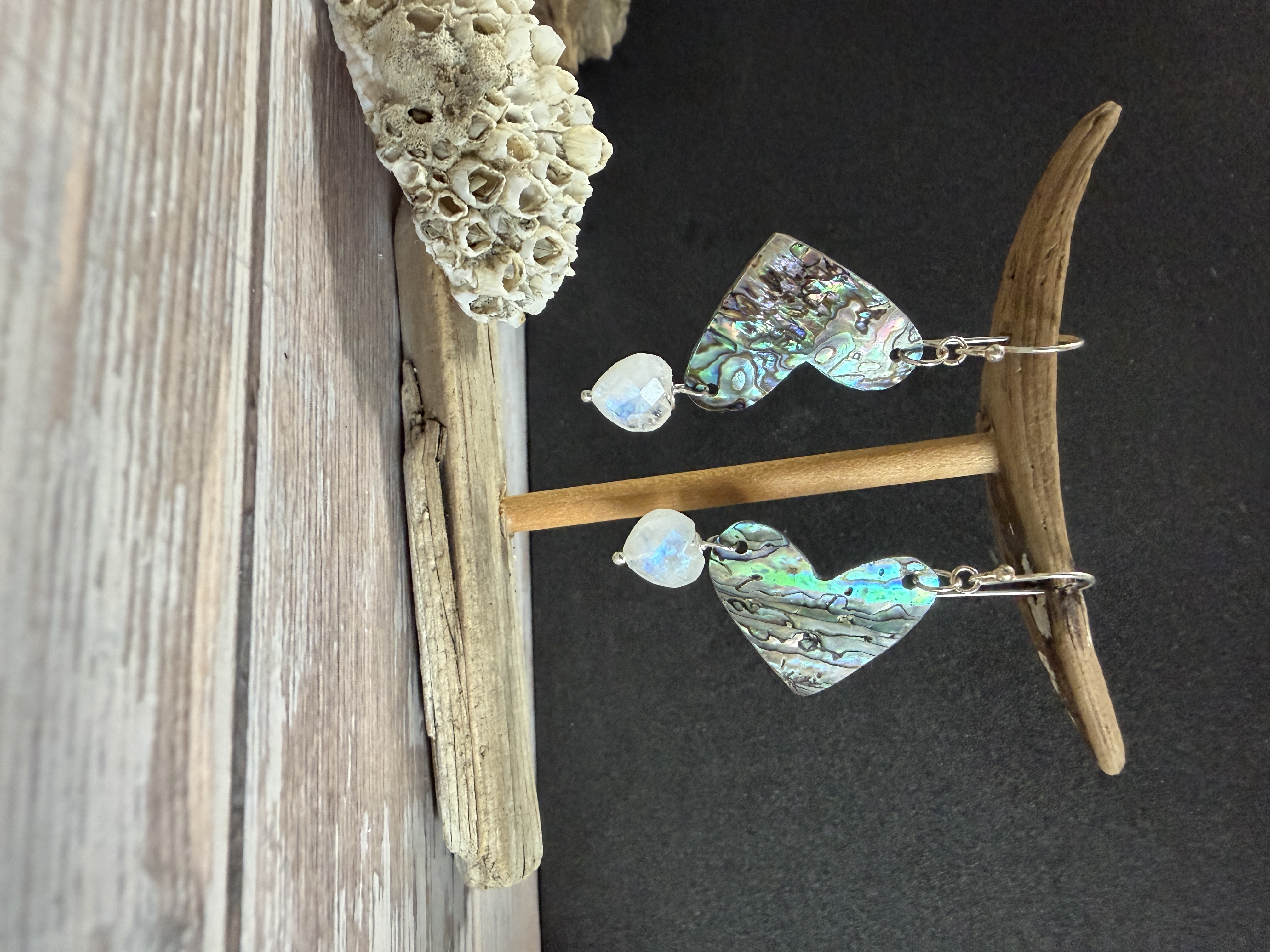 Abalone Heart Earrings with Moonstone