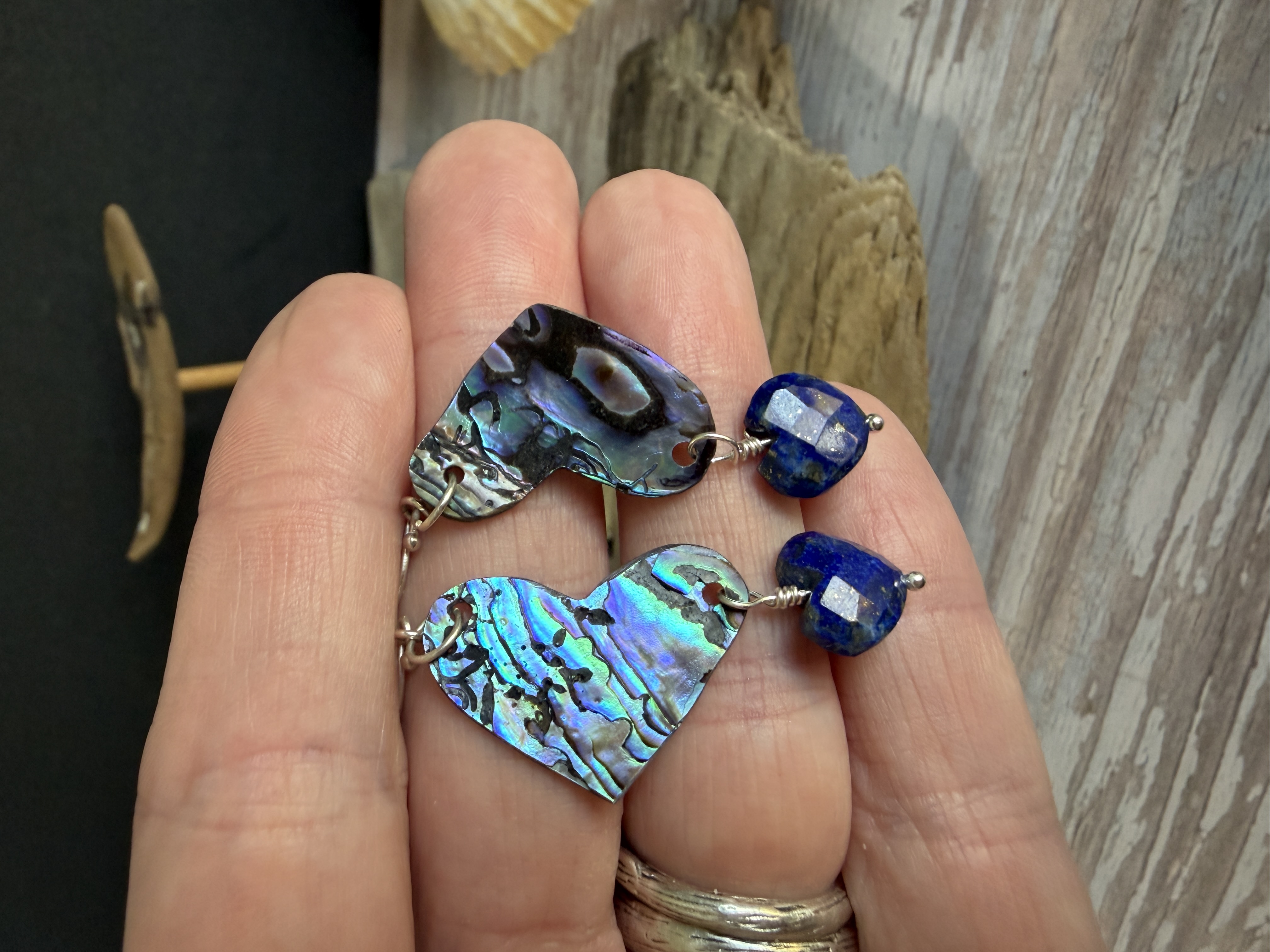 Abalone Heart Earrings with Lapis Lazuli image 6
