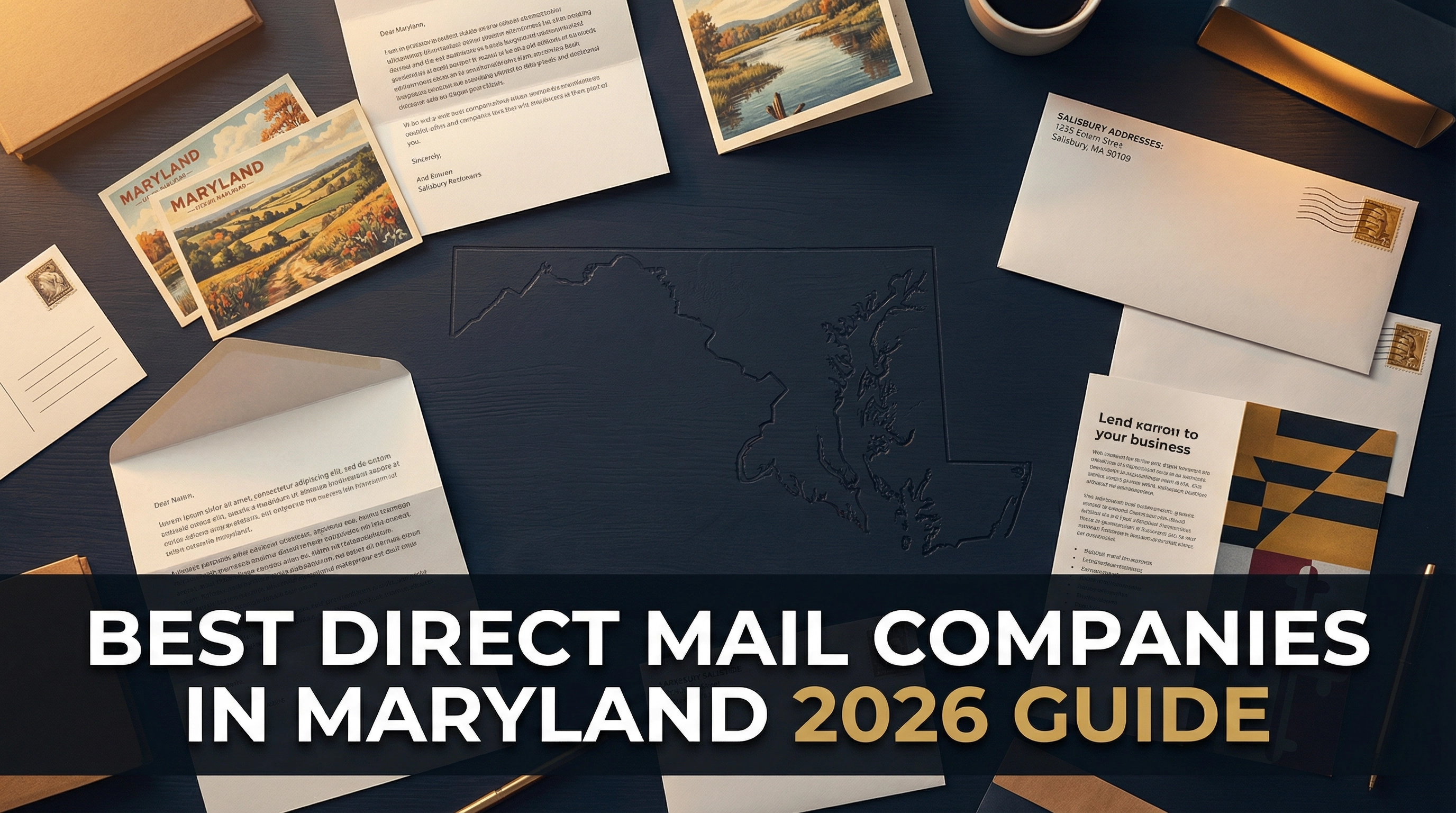 Direct mail pieces and envelopes spread across a dark navy desk with Maryland state outline — Best Direct Mail Companies in Maryland 2026 Guide
