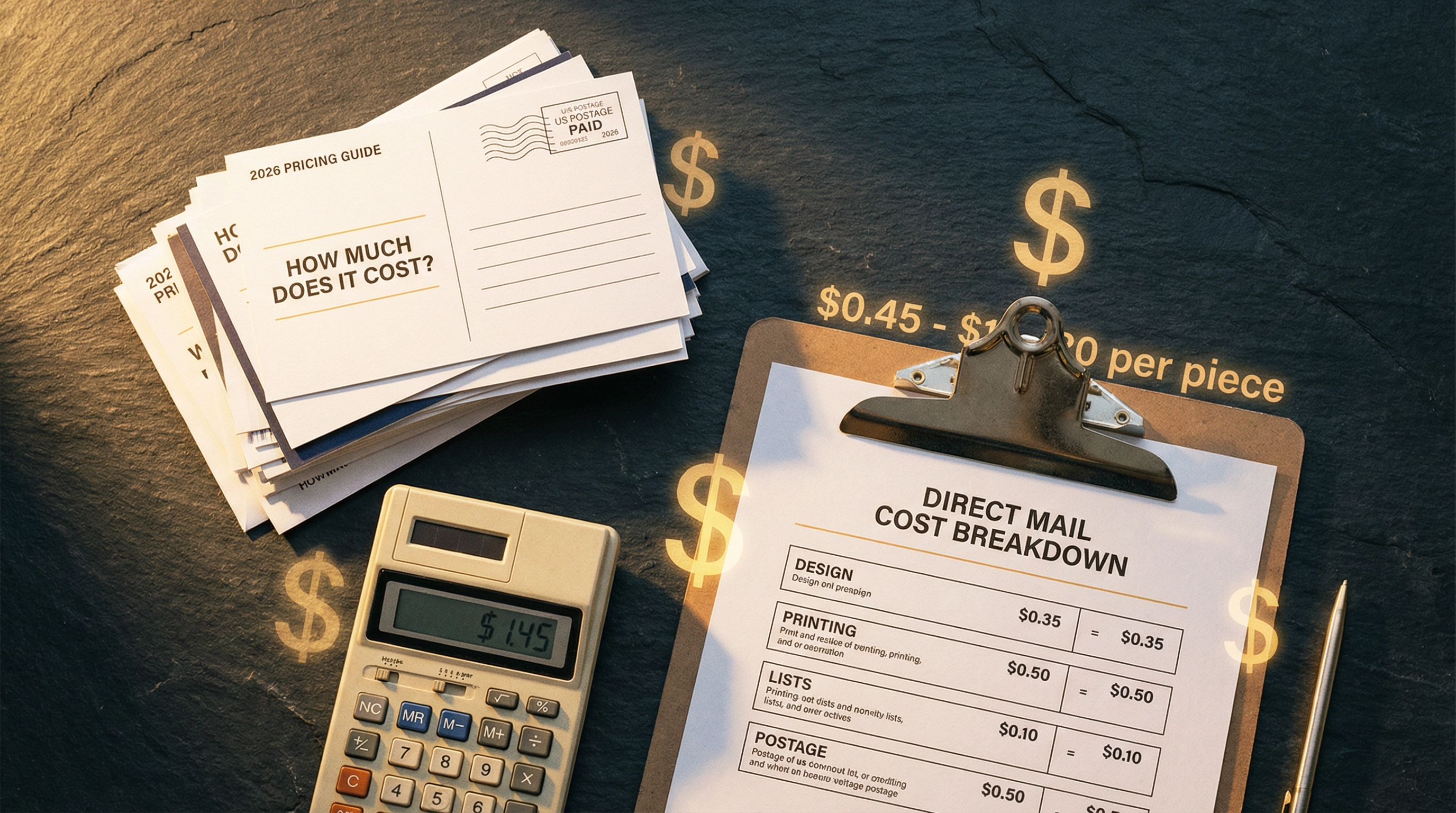 Direct mail cost breakdown clipboard with calculator and postcards — How Much Does Direct Mail Cost in 2026 Pricing Guide