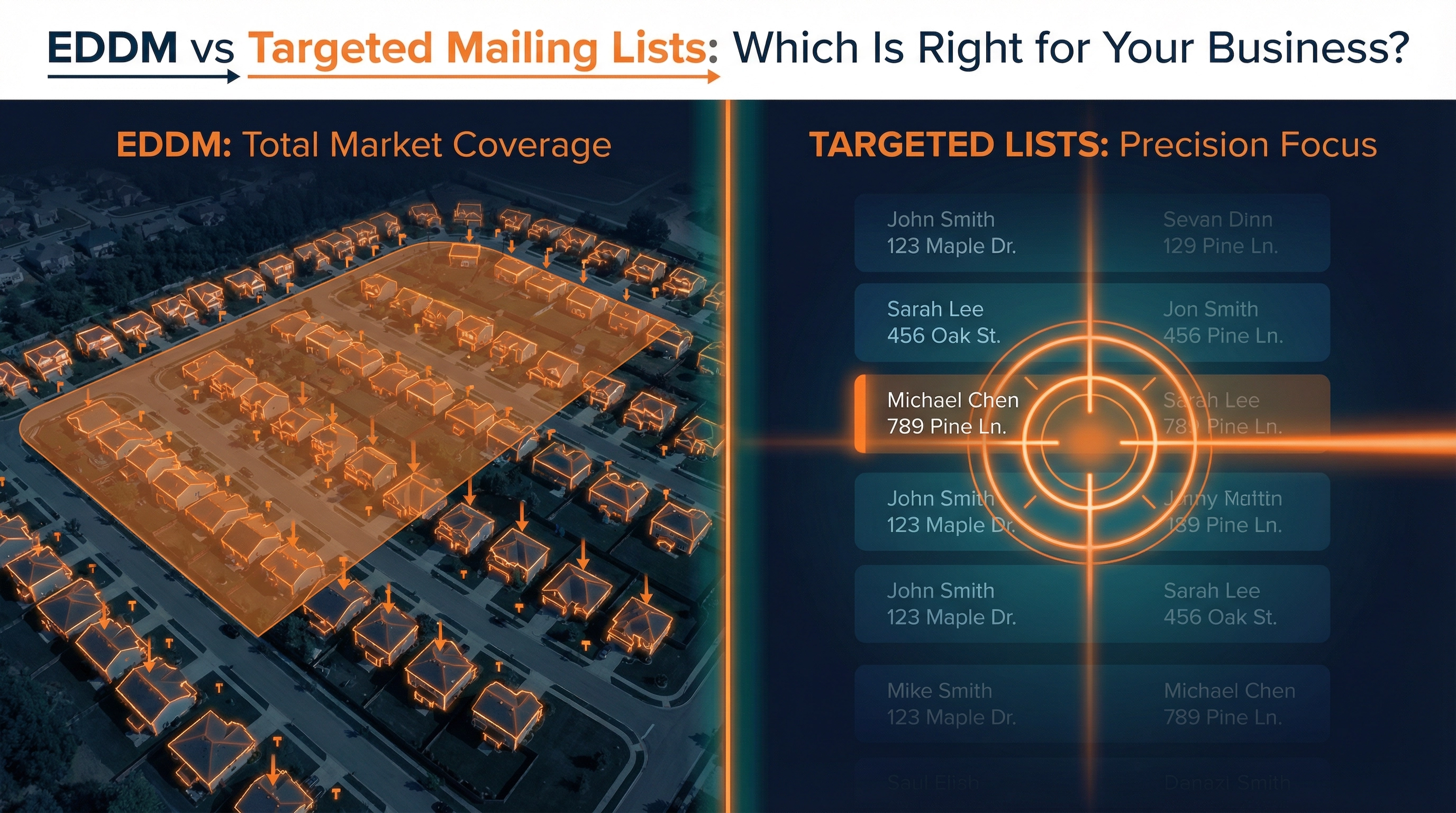 Split-screen comparison of EDDM total market coverage versus targeted mailing list precision focus