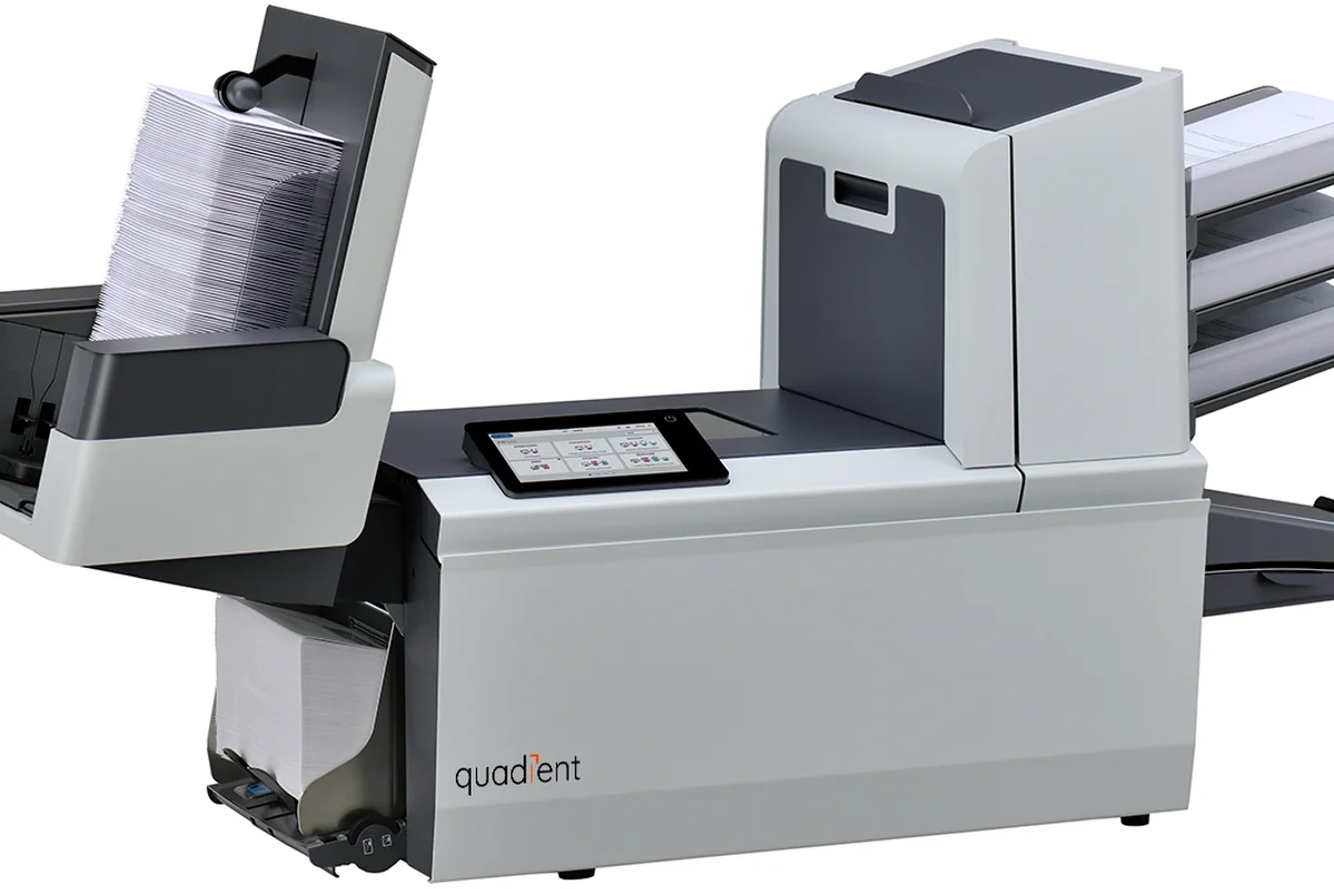 Quadient DS-77iQ intelligent folder inserter with quality control scanning processing 3,700 envelopes per hour for high-volume operations