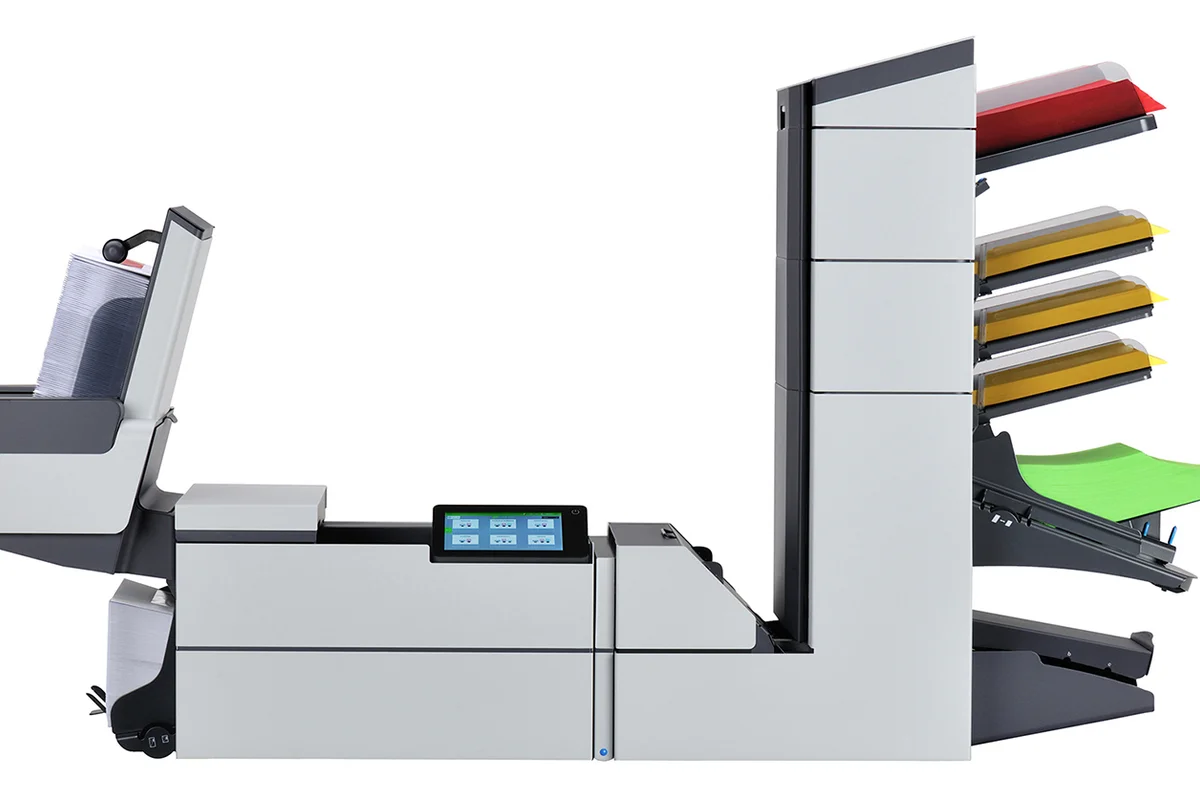 Quadient DS-85i high-speed folder inserter processing 4,200 envelopes per hour with advanced automation for large mail centers