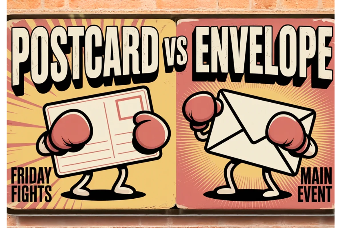 Postcard fighting an envelope in a boxing ring
