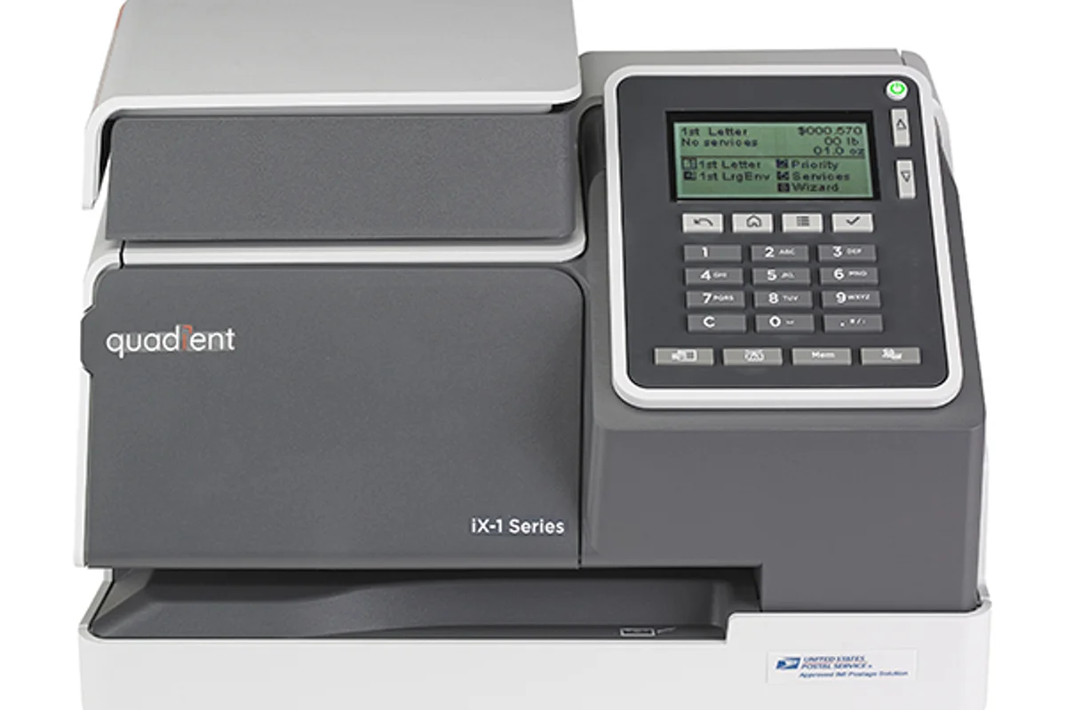 Quadient iX-1 compact mailing system with integrated scale and touchscreen display for small businesses processing up to 1,000 pieces monthly