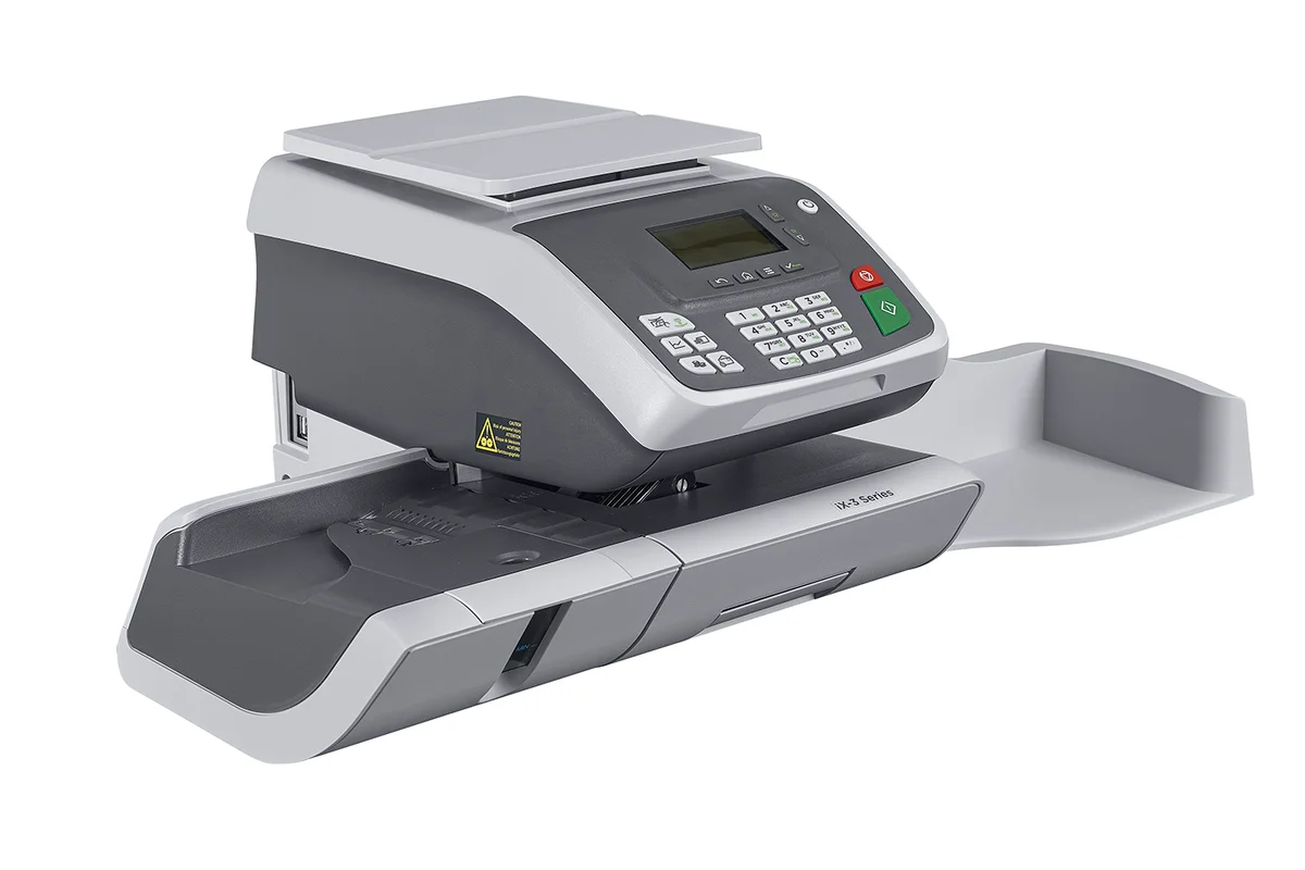 Quadient iX-3 mailing system with automatic envelope feeder processing 45 letters per minute for small to mid-sized offices